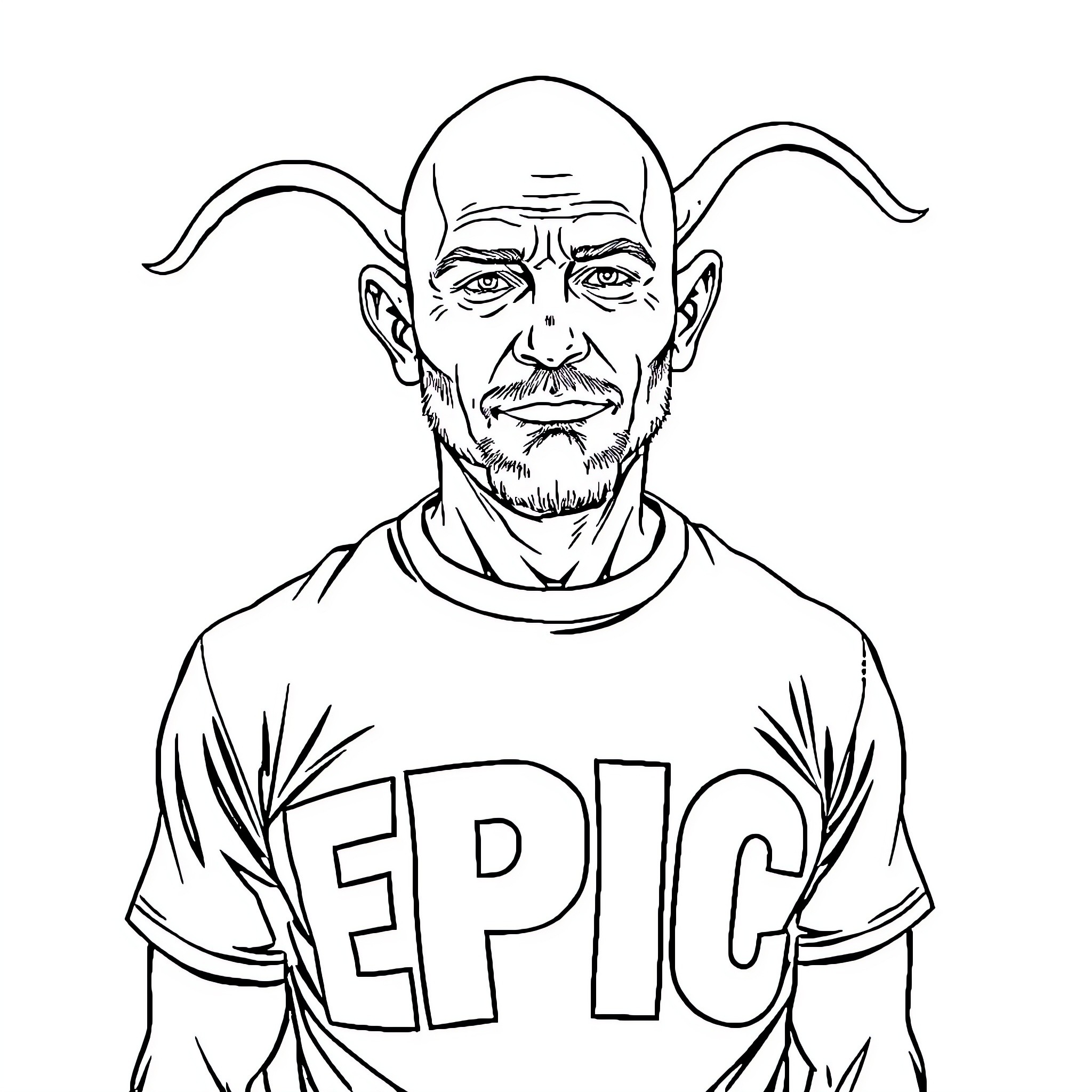 Bald Man wearing 'Epic' shirt Coloring Page (free black-and-white line drawing printable PDF for all, from beginners to advanced learners, including children, teens, adults, and seniors)