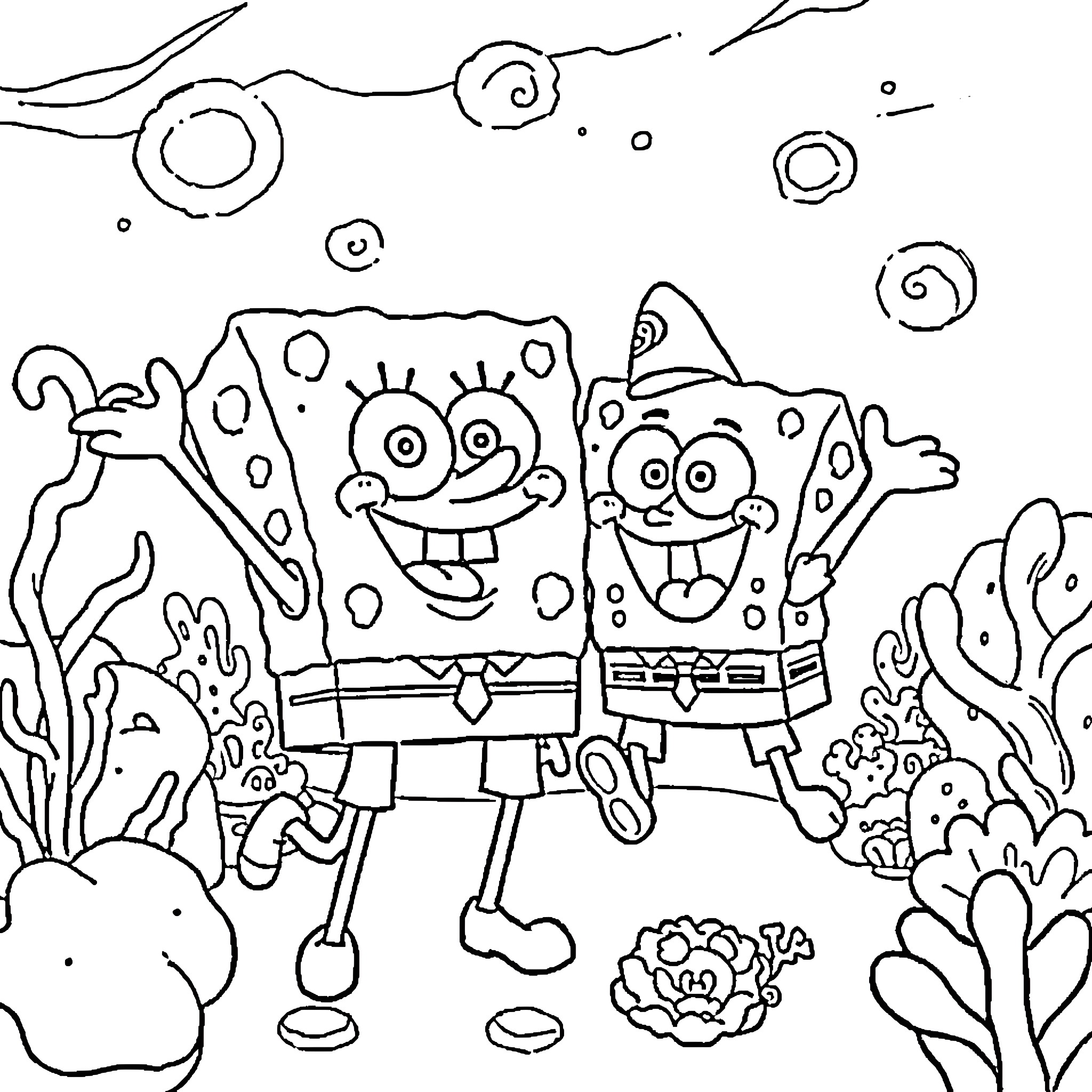 Spongebob and Patrick in the underwater world Coloring Page (free black-and-white line drawing printable PDF for all, from beginners to advanced learners, including children, teens, adults, and seniors)