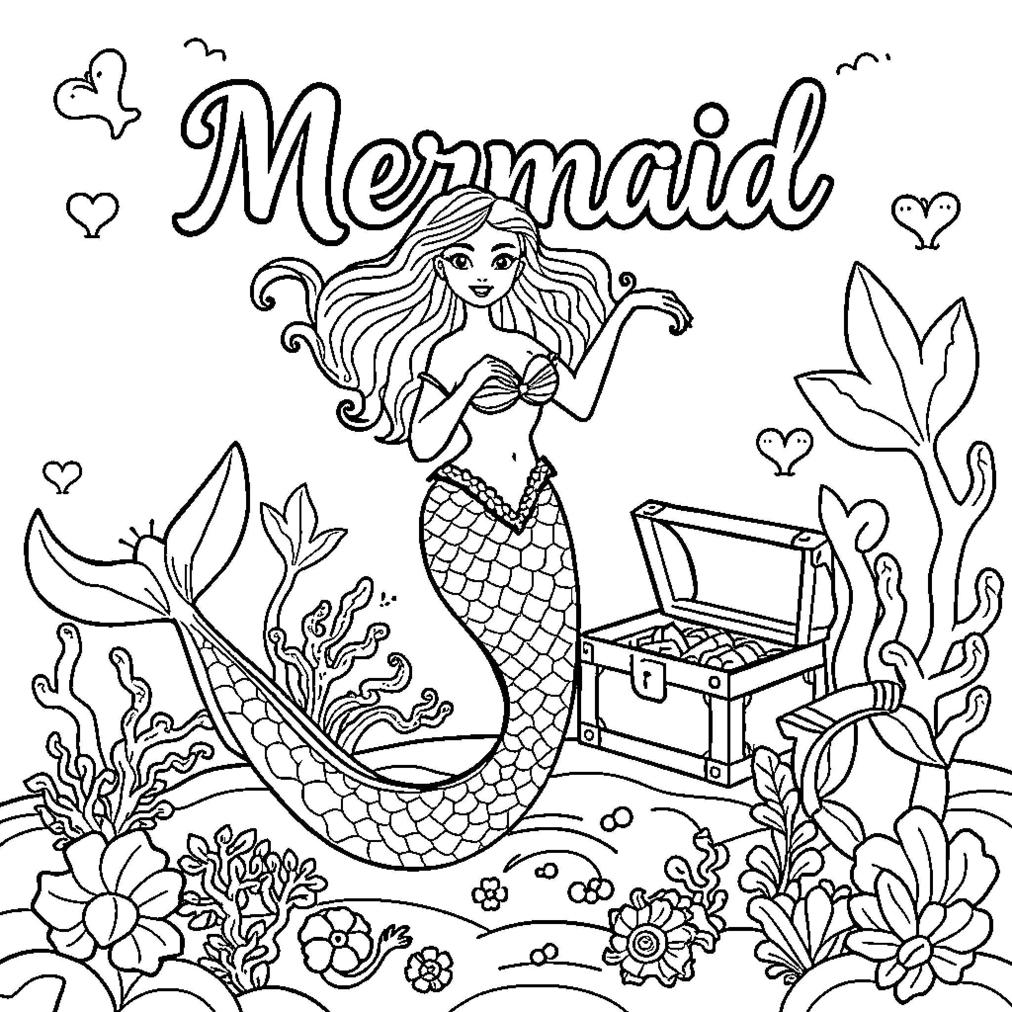 Mermaid discovering a treasure chest in the ocean Coloring Page (free black-and-white line drawing printable PDF for all, from beginners to advanced learners, including children, teens, adults, and seniors)