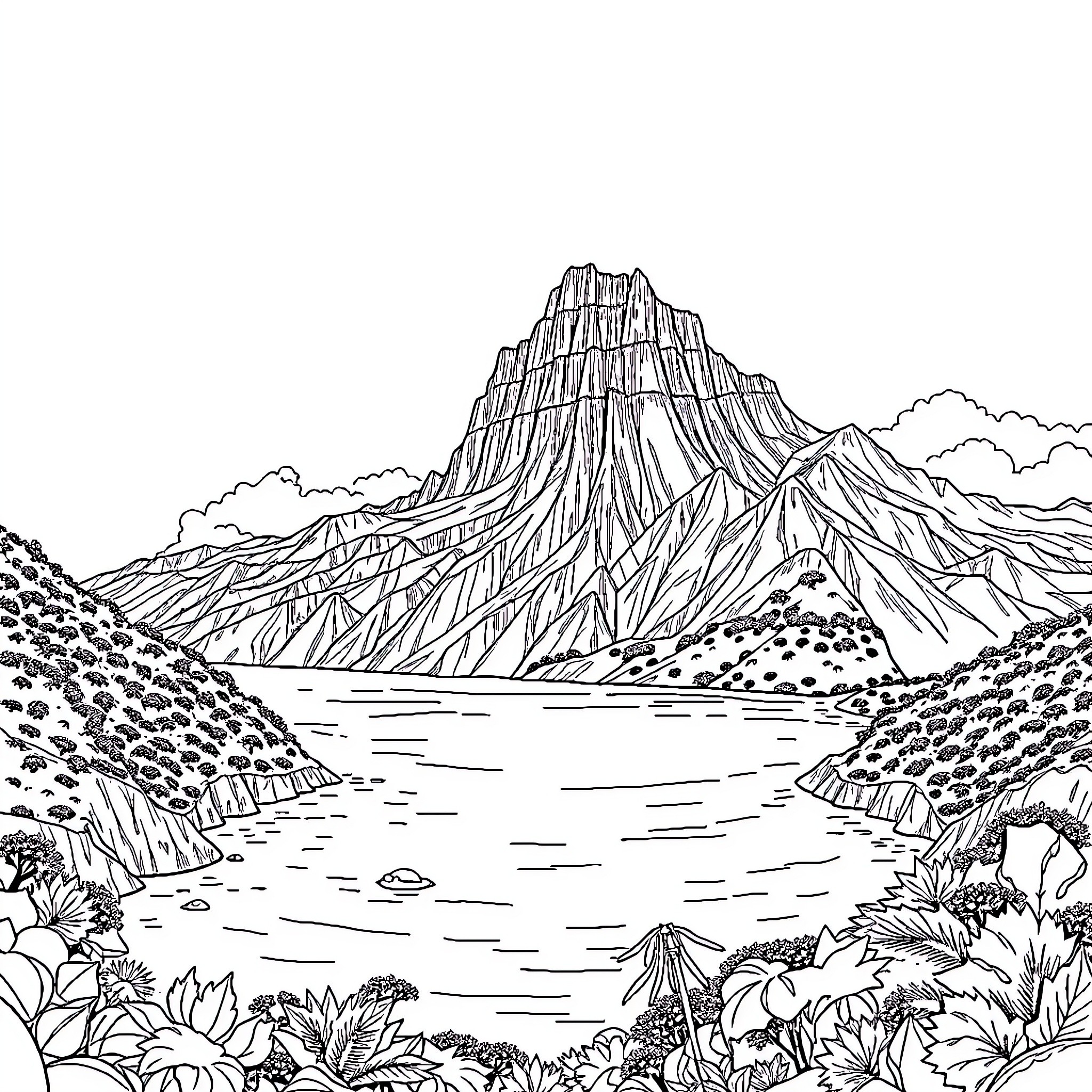 Mountain landscape with lake and vegetation Coloring Page (free black-and-white line drawing printable PDF for all, from beginners to advanced learners, including children, teens, adults, and seniors)