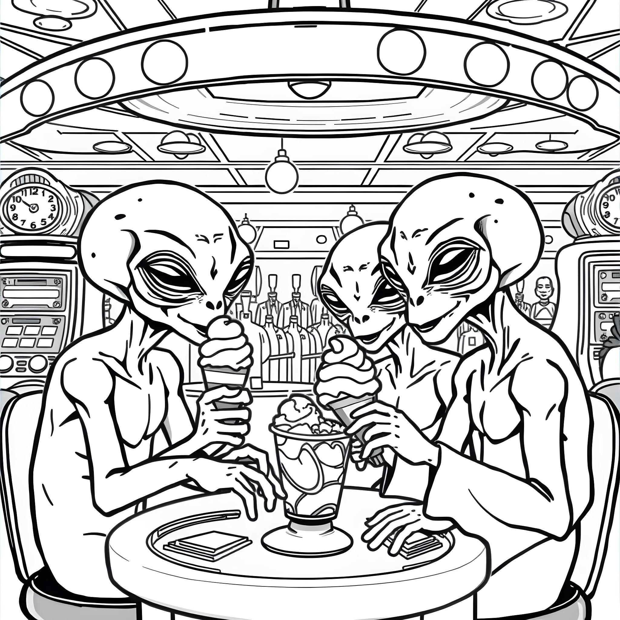 Alien Beings Enjoying Refreshments in Futuristic Spacecraft Coloring Page (free black-and-white line drawing printable PDF for all, from beginners to advanced learners, including children, teens, adults, and seniors)