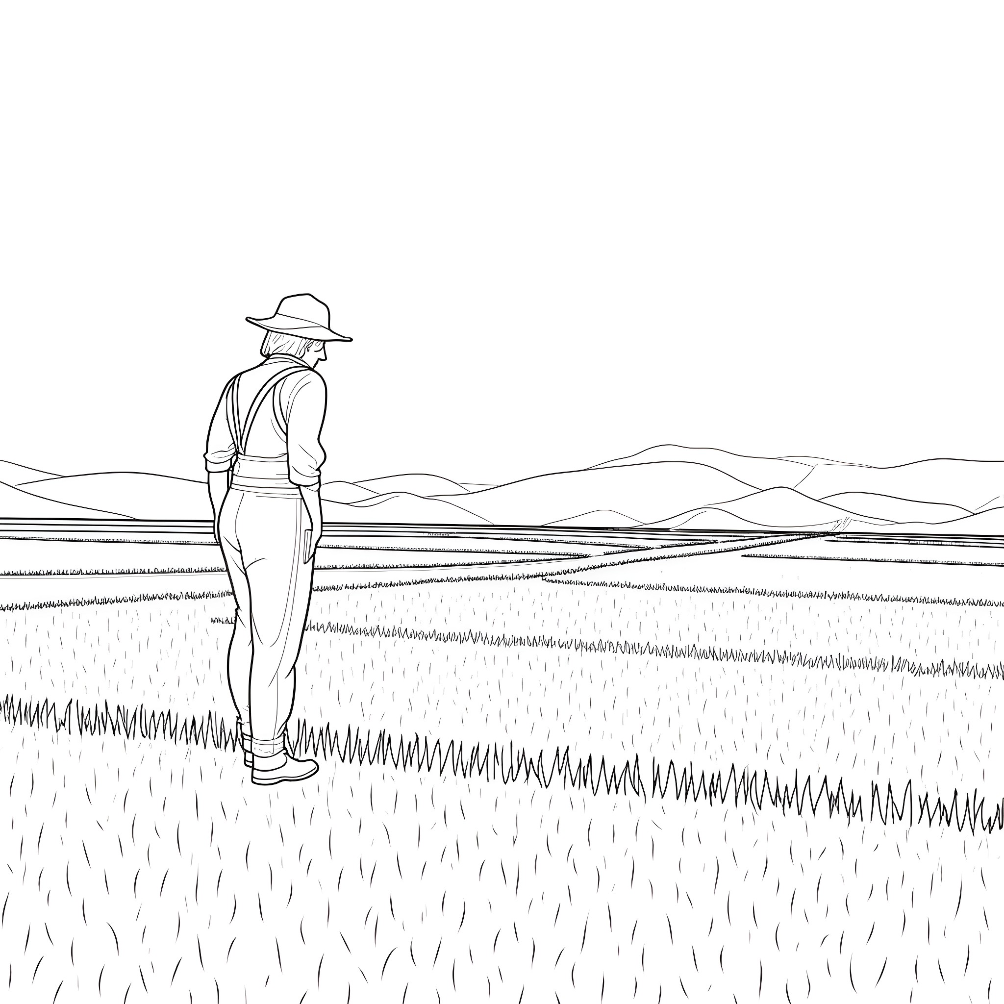 Man walking alone in the countryside Coloring Page (free black-and-white line drawing printable PDF for all, from beginners to advanced learners, including children, teens, adults, and seniors)