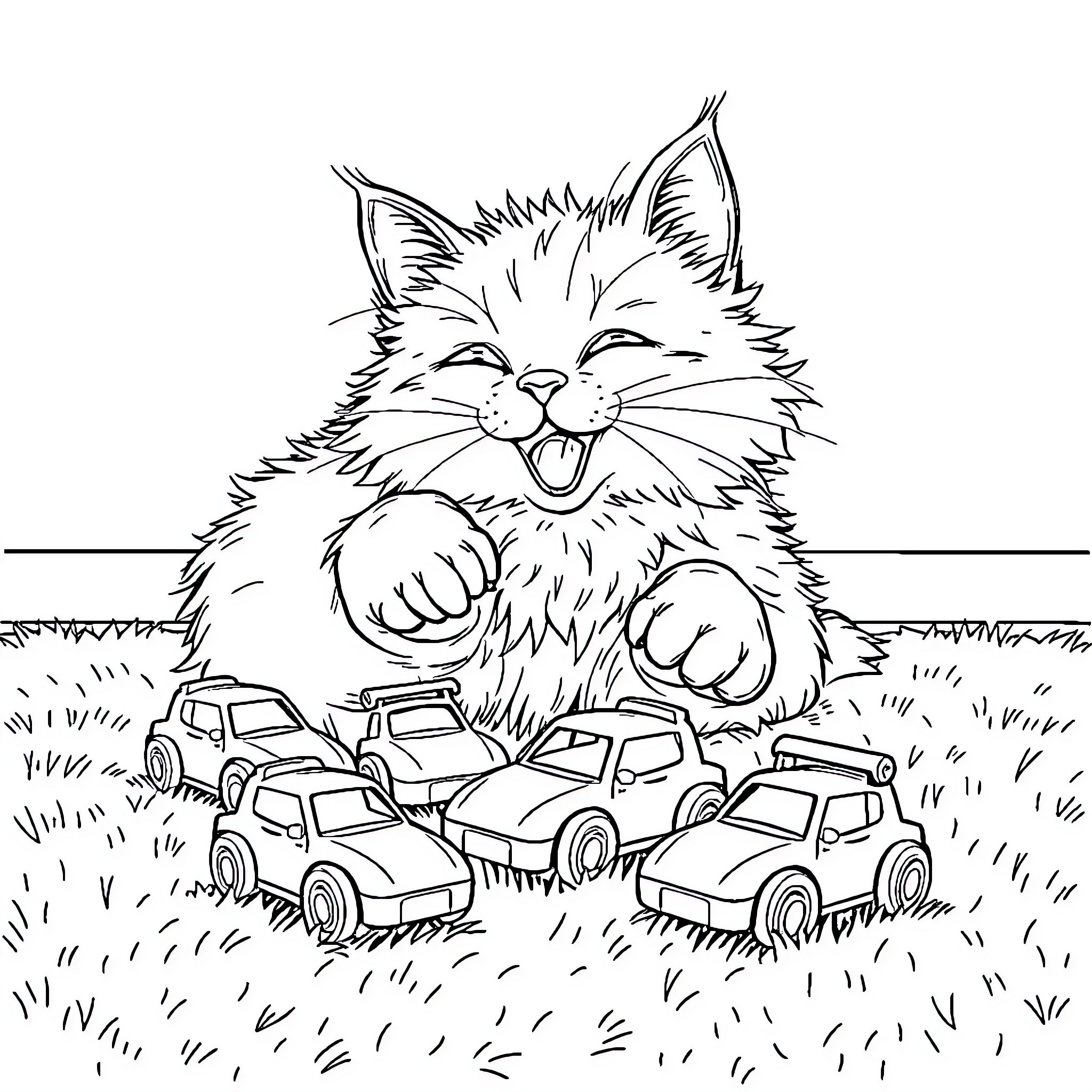 Cat playfully surrounded by toy cars Coloring Page (free black-and-white line drawing printable PDF for all, from beginners to advanced learners, including children, teens, adults, and seniors)