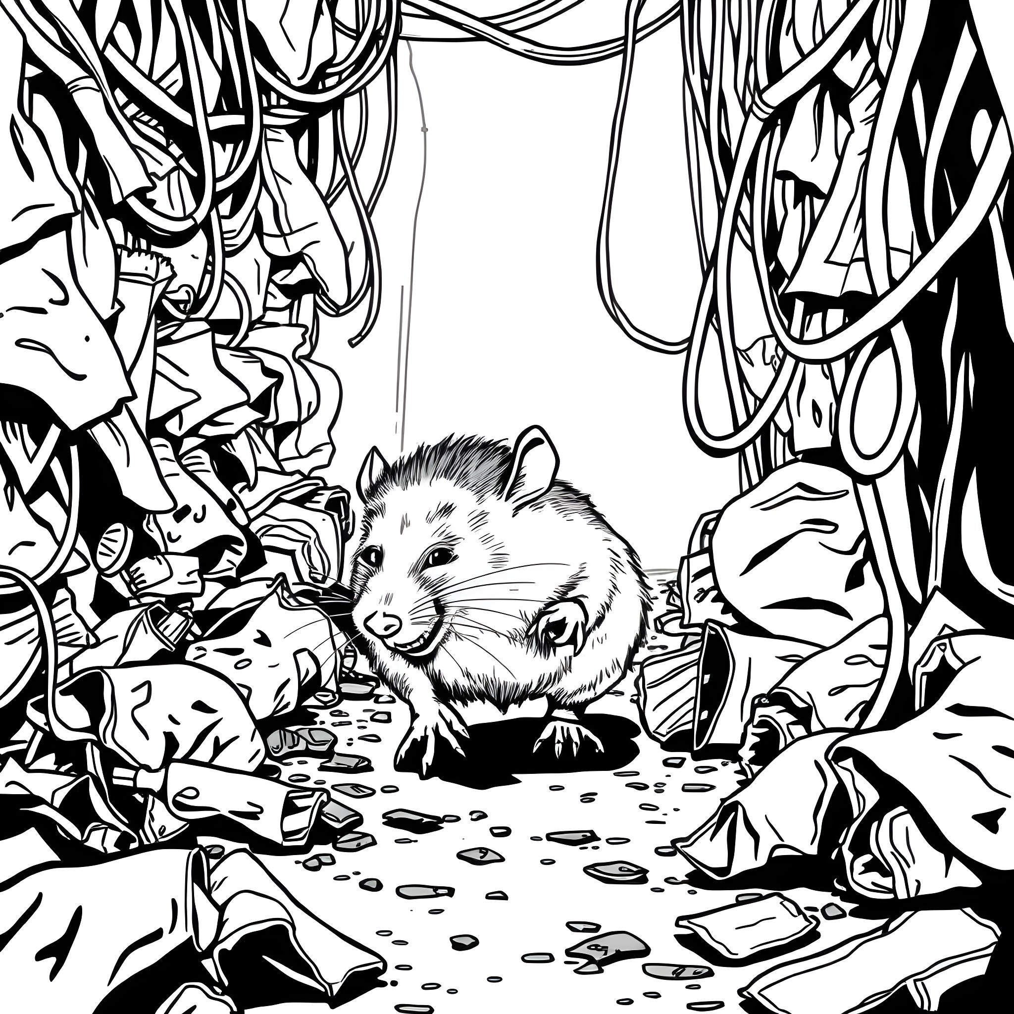 Rat exploring cluttered environment Coloring Page (free black-and-white line drawing printable PDF for all, from beginners to advanced learners, including children, teens, adults, and seniors)