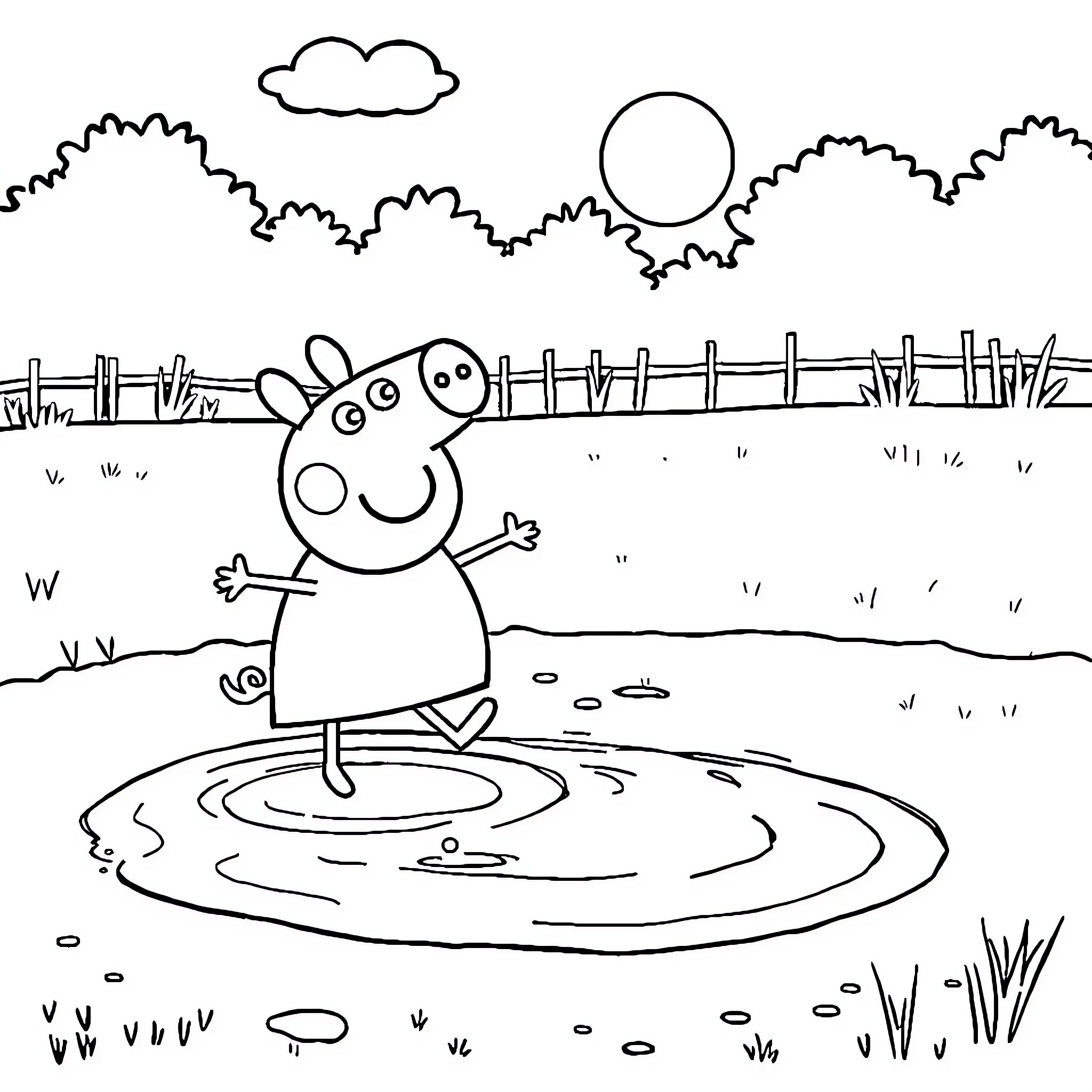 Peppa Pig playing happily in a puddle Coloring Page (free black-and-white line drawing printable PDF for all, from beginners to advanced learners, including children, teens, adults, and seniors)