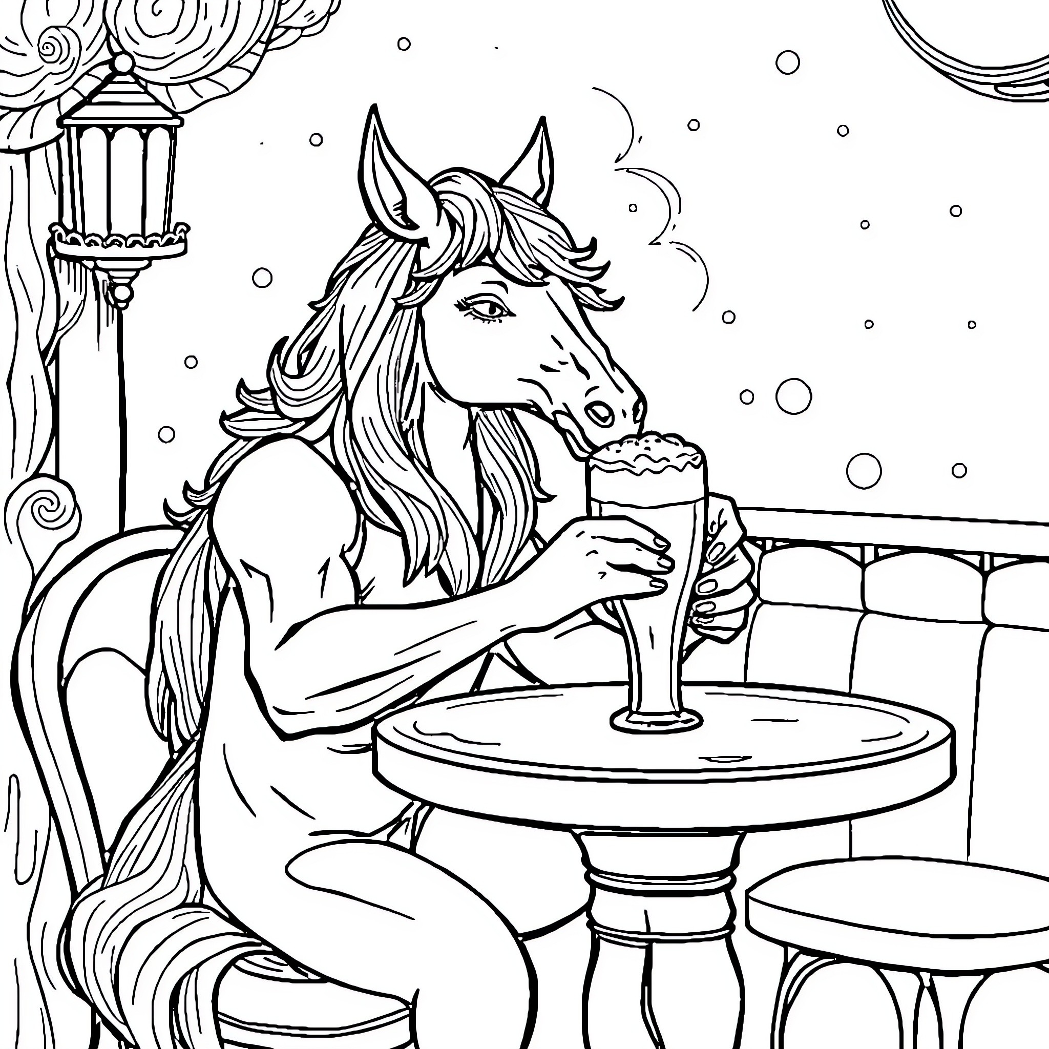 Caballero enjoying a refreshing beverage in an elegant setting Coloring Page (free black-and-white line drawing printable PDF for all, from beginners to advanced learners, including children, teens, adults, and seniors)