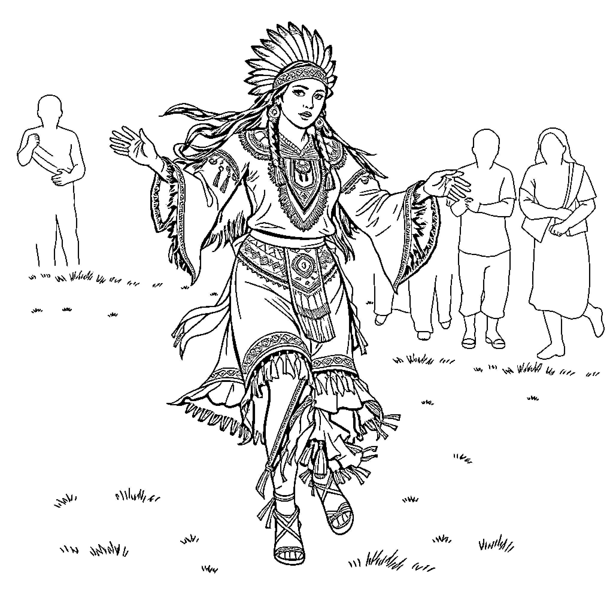 Jingle Dancer performing in traditional Native American costume Coloring Page (free black-and-white line drawing printable PDF for all, from beginners to advanced learners, including children, teens, adults, and seniors)