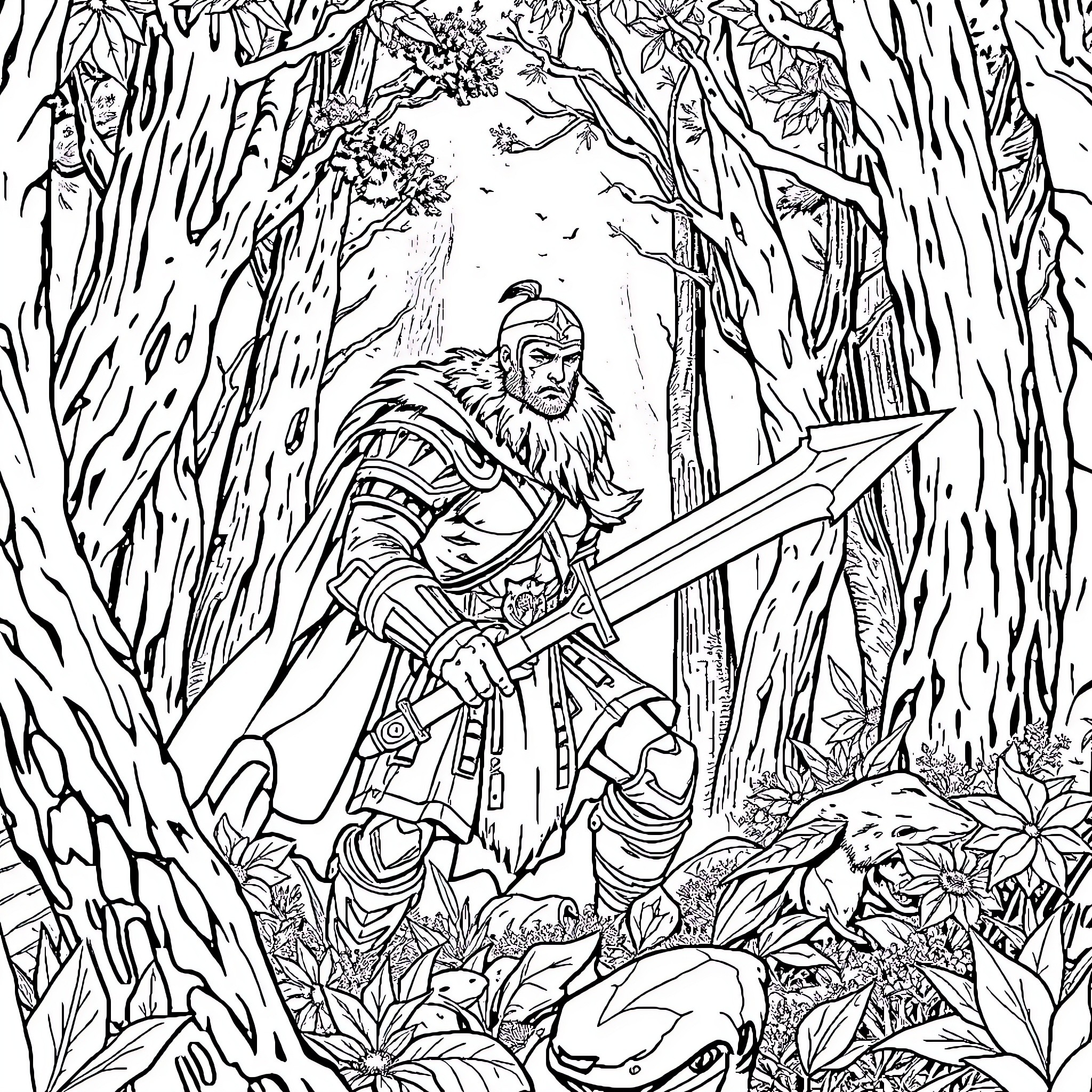 Prince Warrior Battles Fiercely in Enchanted Forest Coloring Page (free black-and-white line drawing printable PDF for all, from beginners to advanced learners, including children, teens, adults, and seniors)