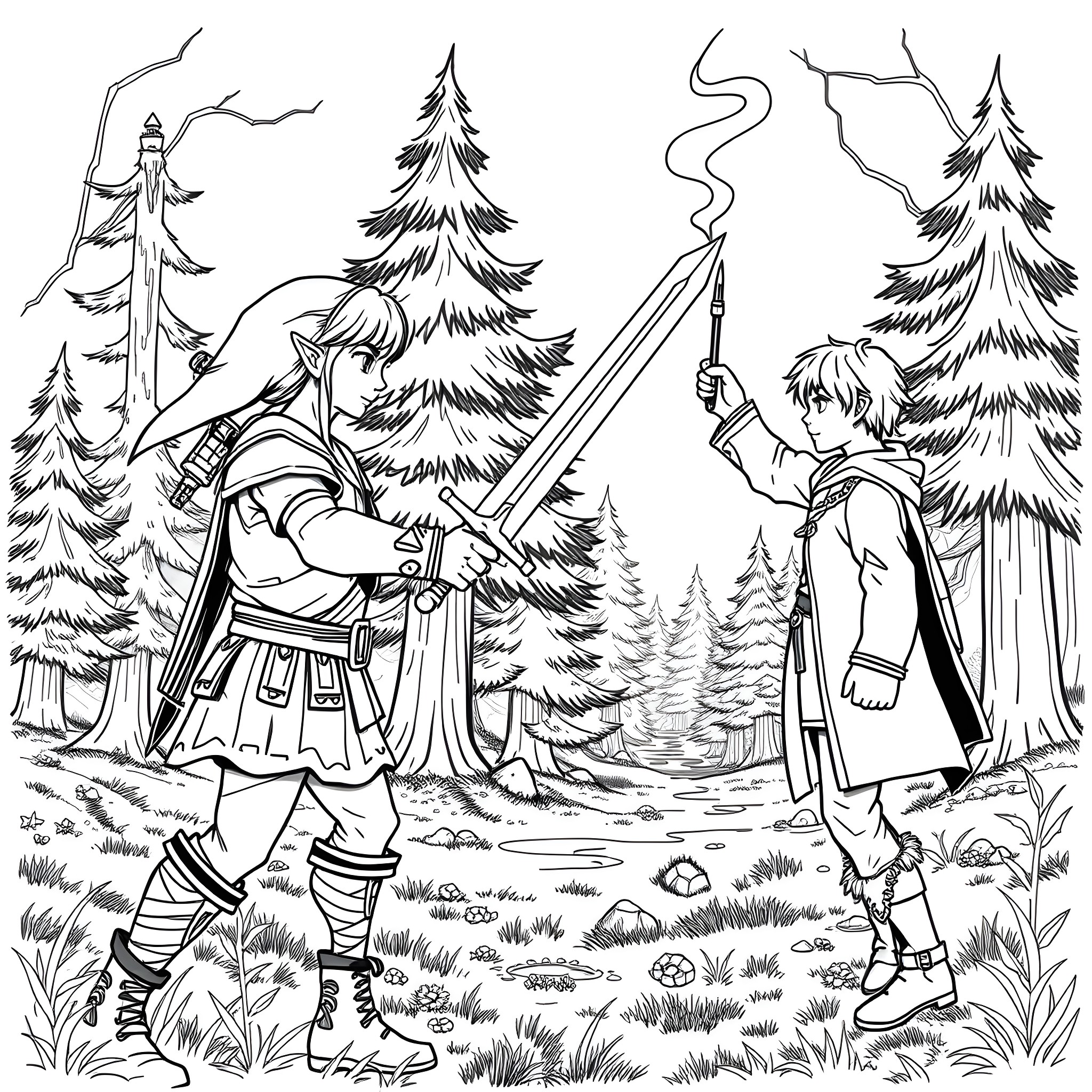 Link in a Fantasy Forest Adventure Coloring Page (free black-and-white line drawing printable PDF for all, from beginners to advanced learners, including children, teens, adults, and seniors)