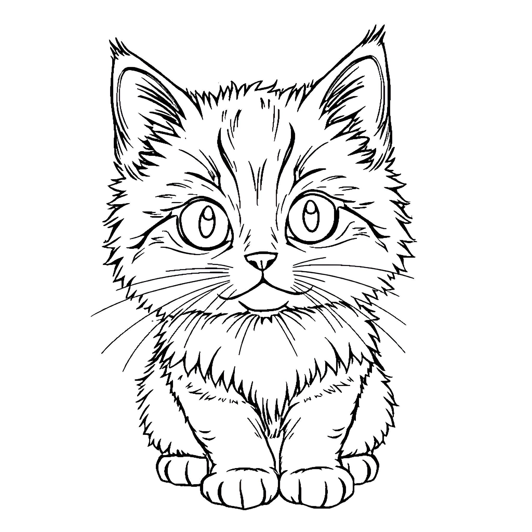Cat with Expressive Eyes and Fur Coloring Page (free black-and-white line drawing printable PDF for all, from beginners to advanced learners, including children, teens, adults, and seniors)
