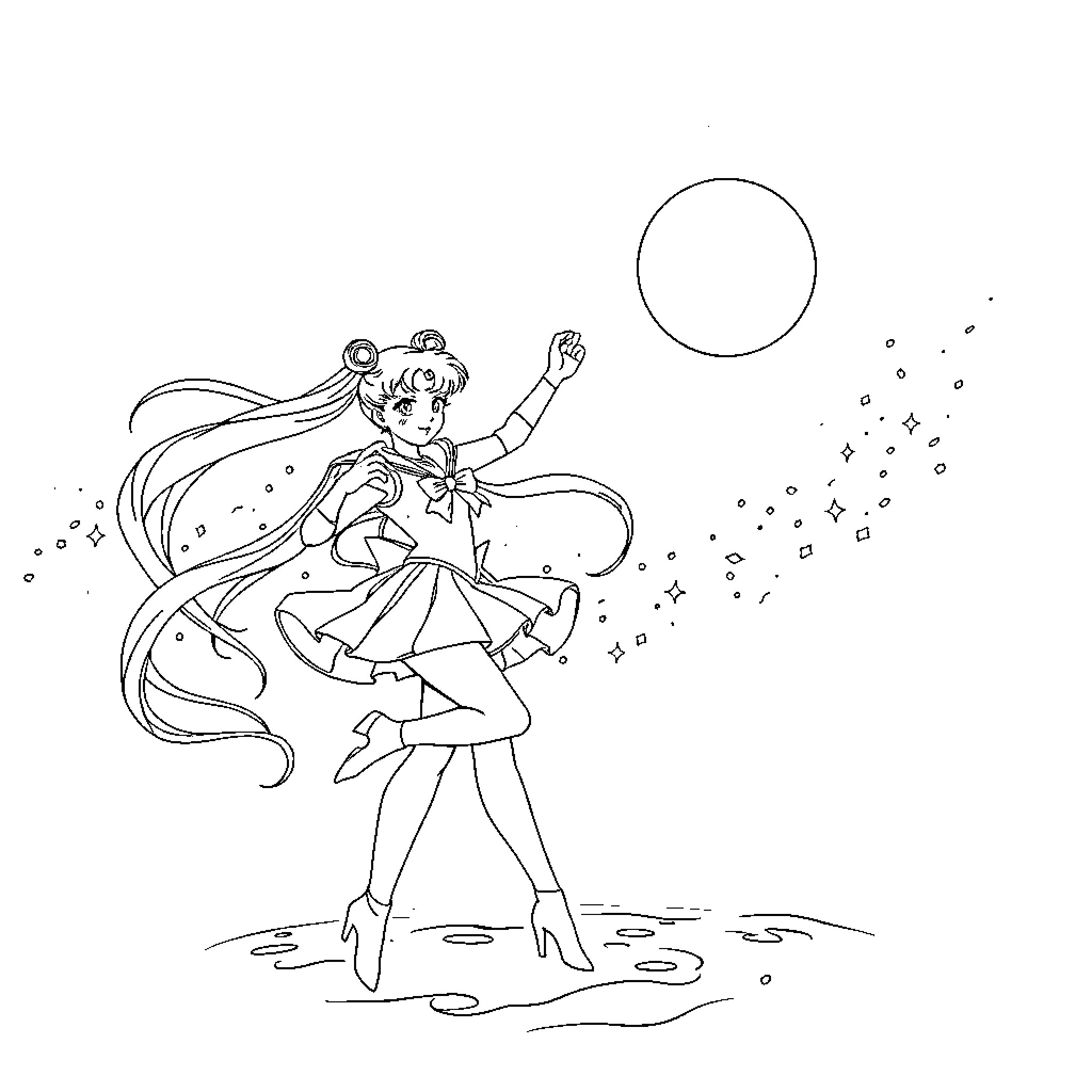 Sailor Moon battling with magical energy Coloring Page (free black-and-white line drawing printable PDF for all, from beginners to advanced learners, including children, teens, adults, and seniors)