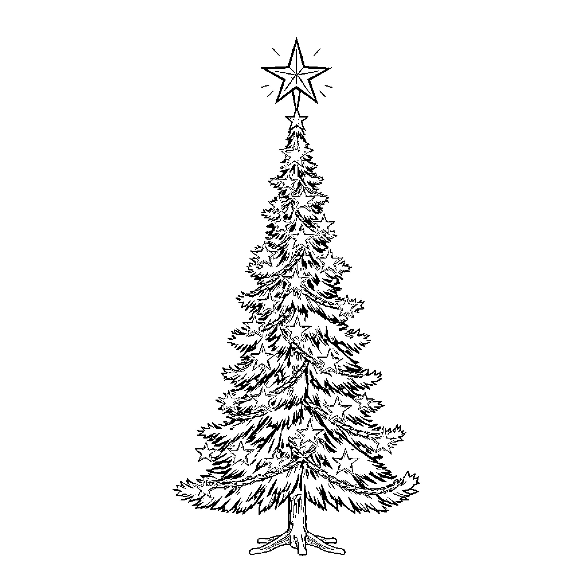 Christmas Tree with Shimmering Star Topper Coloring Page (free black-and-white line drawing printable PDF for all, from beginners to advanced learners, including children, teens, adults, and seniors)