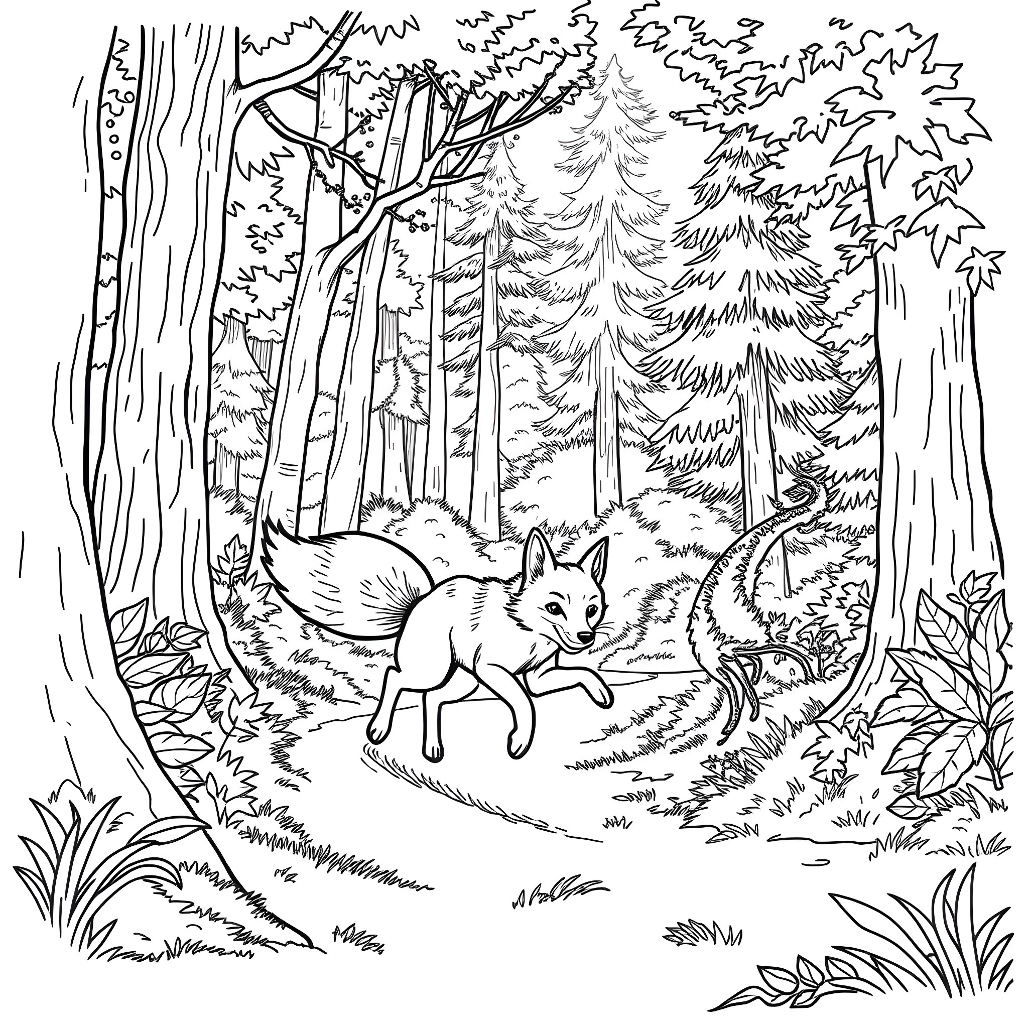 Fox running through the dense forest Coloring Page (free black-and-white line drawing printable PDF for all, from beginners to advanced learners, including children, teens, adults, and seniors)