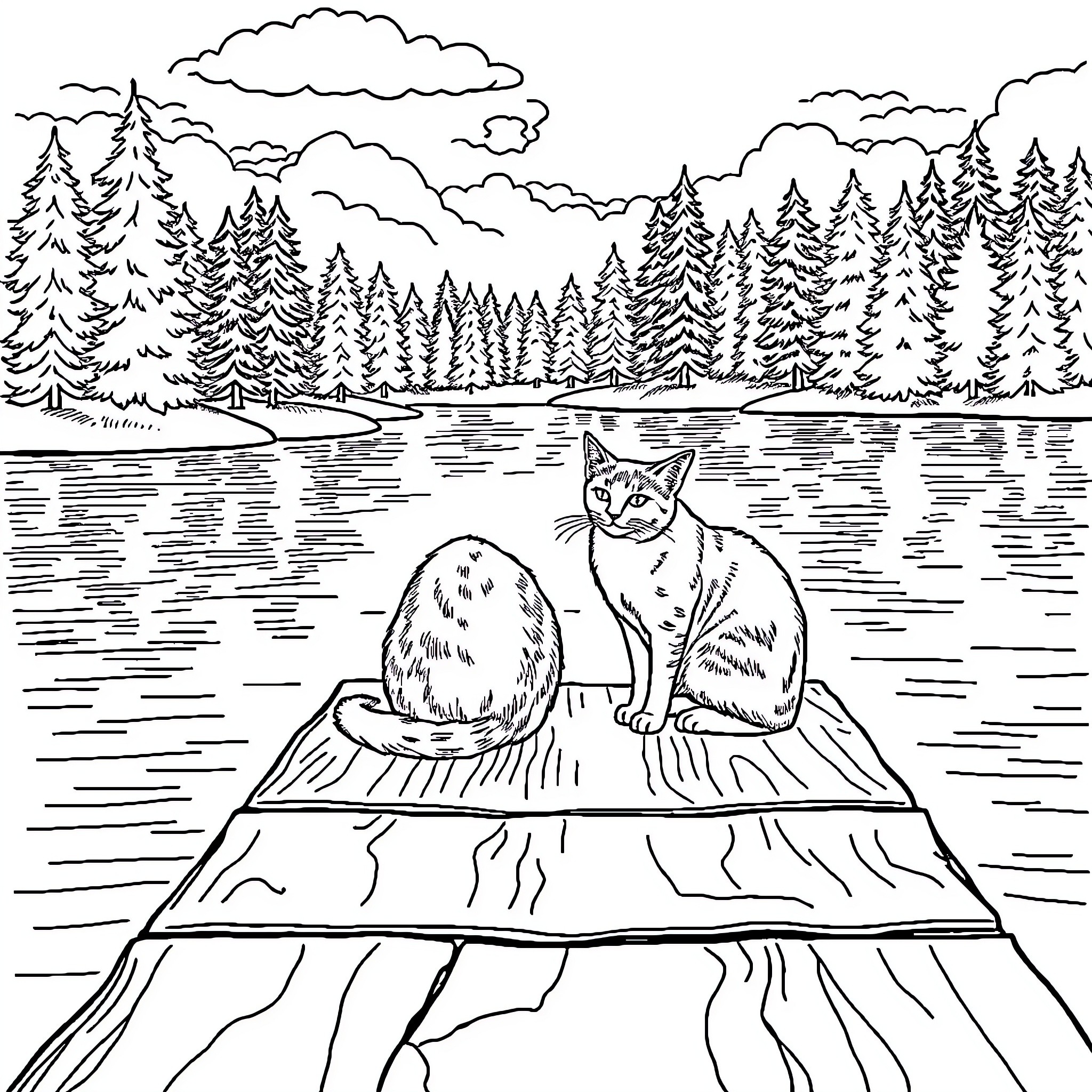 Cat resting on a cliff by the lake Coloring Page (free black-and-white line drawing printable PDF for all, from beginners to advanced learners, including children, teens, adults, and seniors)
