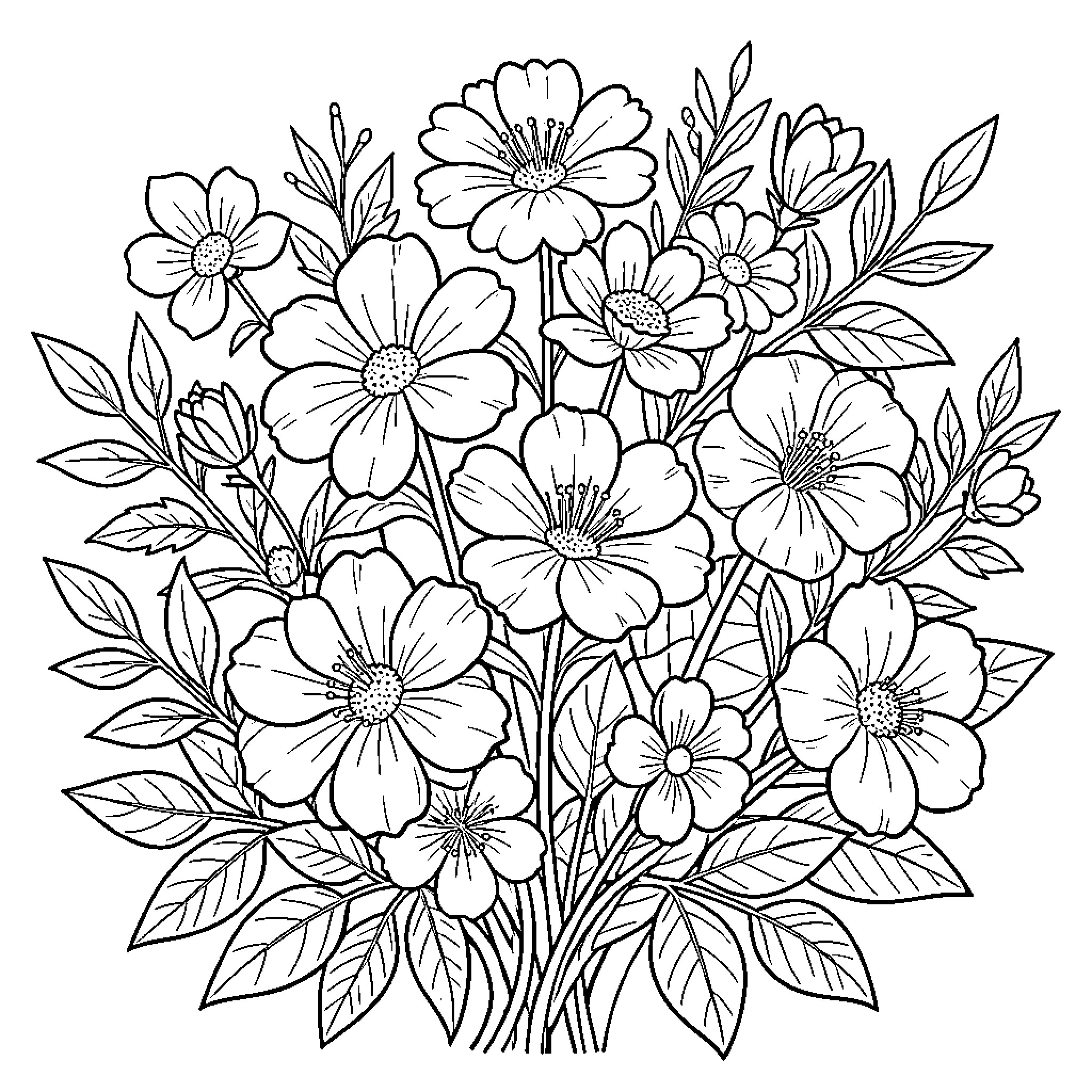 Flower bouquet blooming in a lush garden setting Coloring Page (free black-and-white line drawing printable PDF for all, from beginners to advanced learners, including children, teens, adults, and seniors)