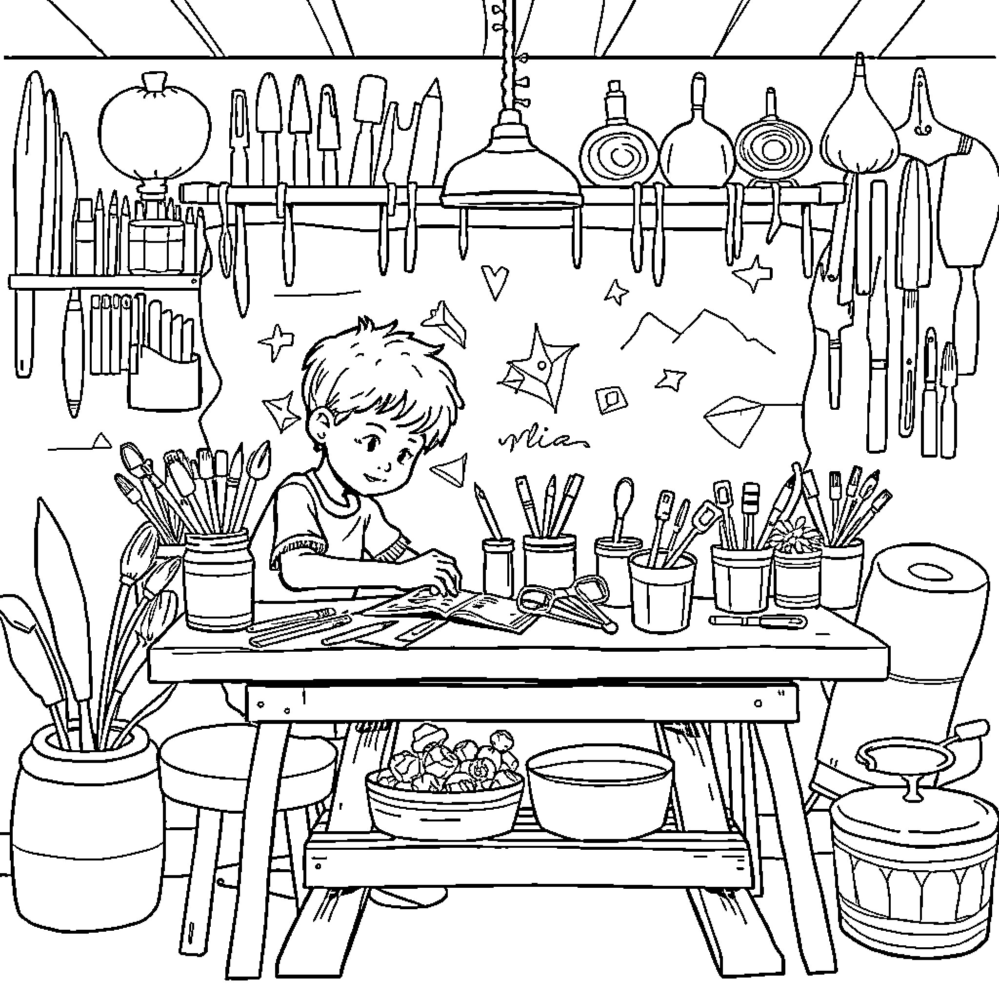 Artisan's Creative Workspace: Tools and Inspiration Coloring Page (free black-and-white line drawing printable PDF for all, from beginners to advanced learners, including children, teens, adults, and seniors)