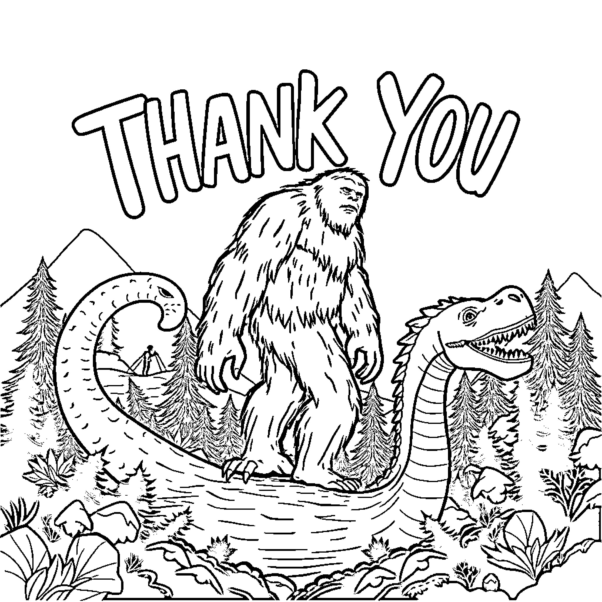 Cryptid creatures coexisting in nature Coloring Page (free black-and-white line drawing printable PDF for all, from beginners to advanced learners, including children, teens, adults, and seniors)