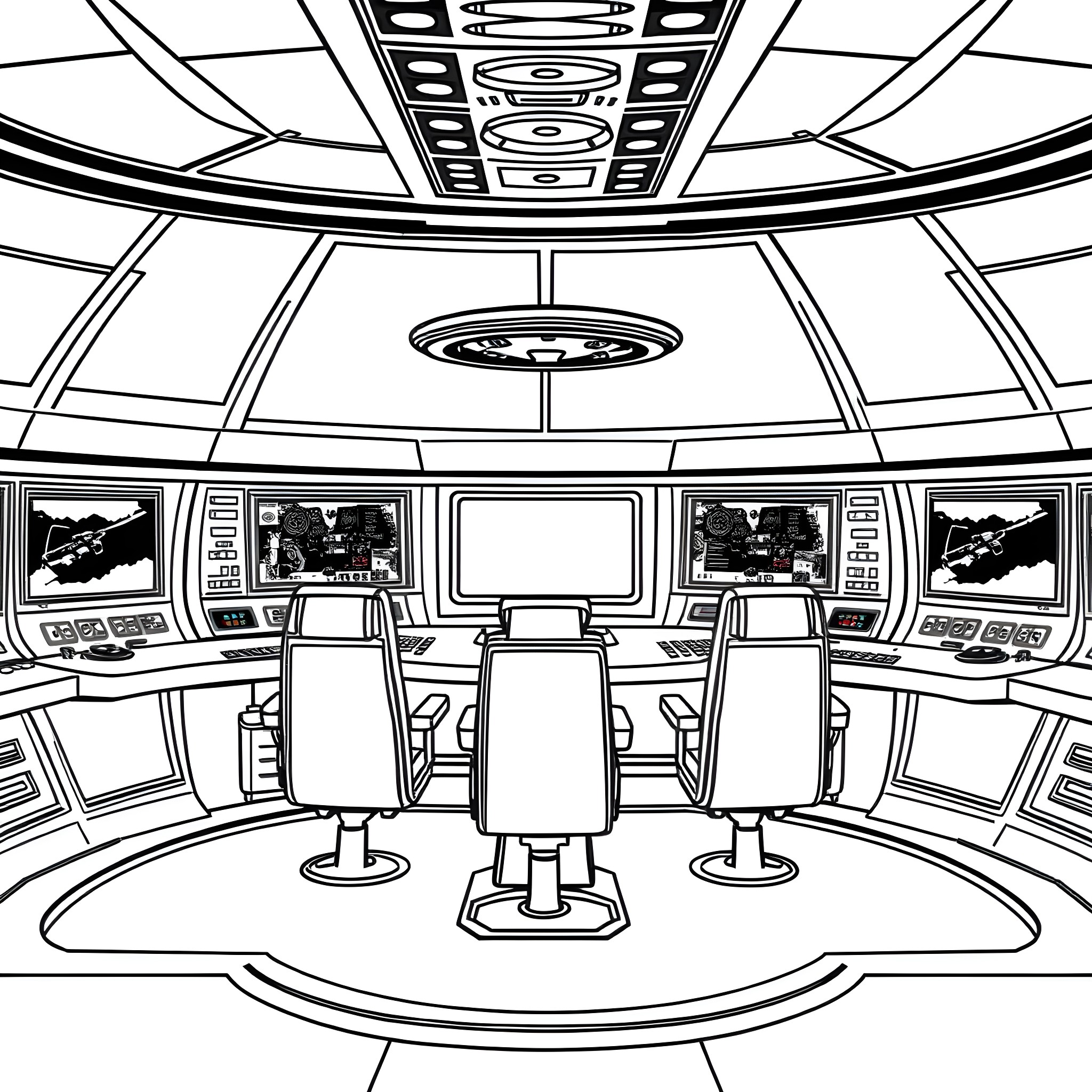 USS Enterprise bridge interior with control panels and viewscreens Coloring Page (free black-and-white line drawing printable PDF for all, from beginners to advanced learners, including children, teens, adults, and seniors)