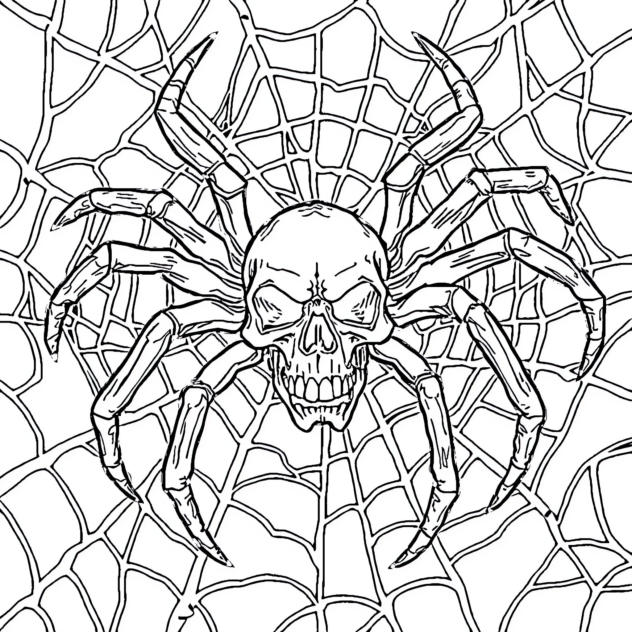 Spider Skull Enveloped in Cobweb Trap Coloring Page (free black-and-white line drawing printable PDF for all, from beginners to advanced learners, including children, teens, adults, and seniors)