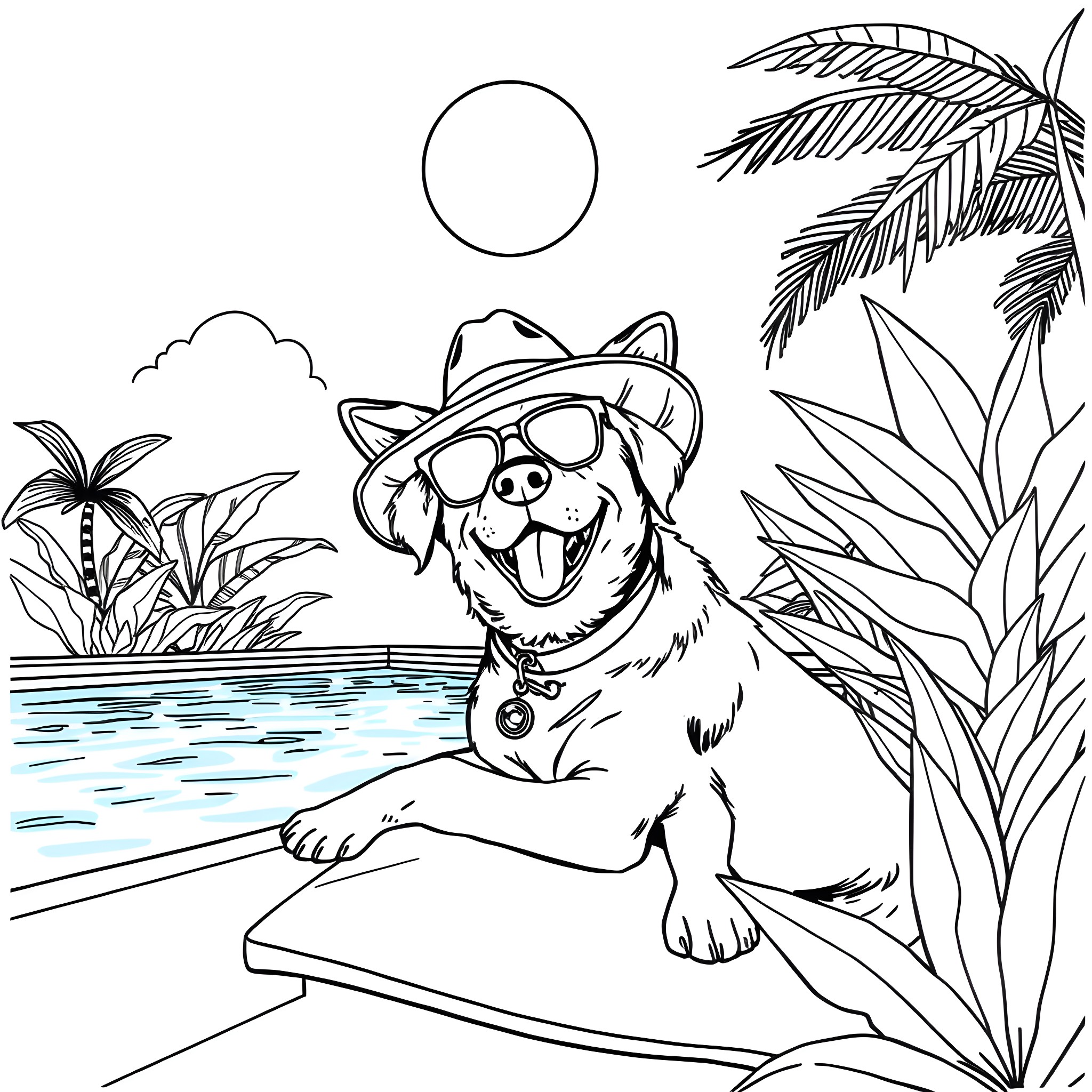 Dog relaxing in the tropical paradise Coloring Page (free black-and-white line drawing printable PDF for all, from beginners to advanced learners, including children, teens, adults, and seniors)