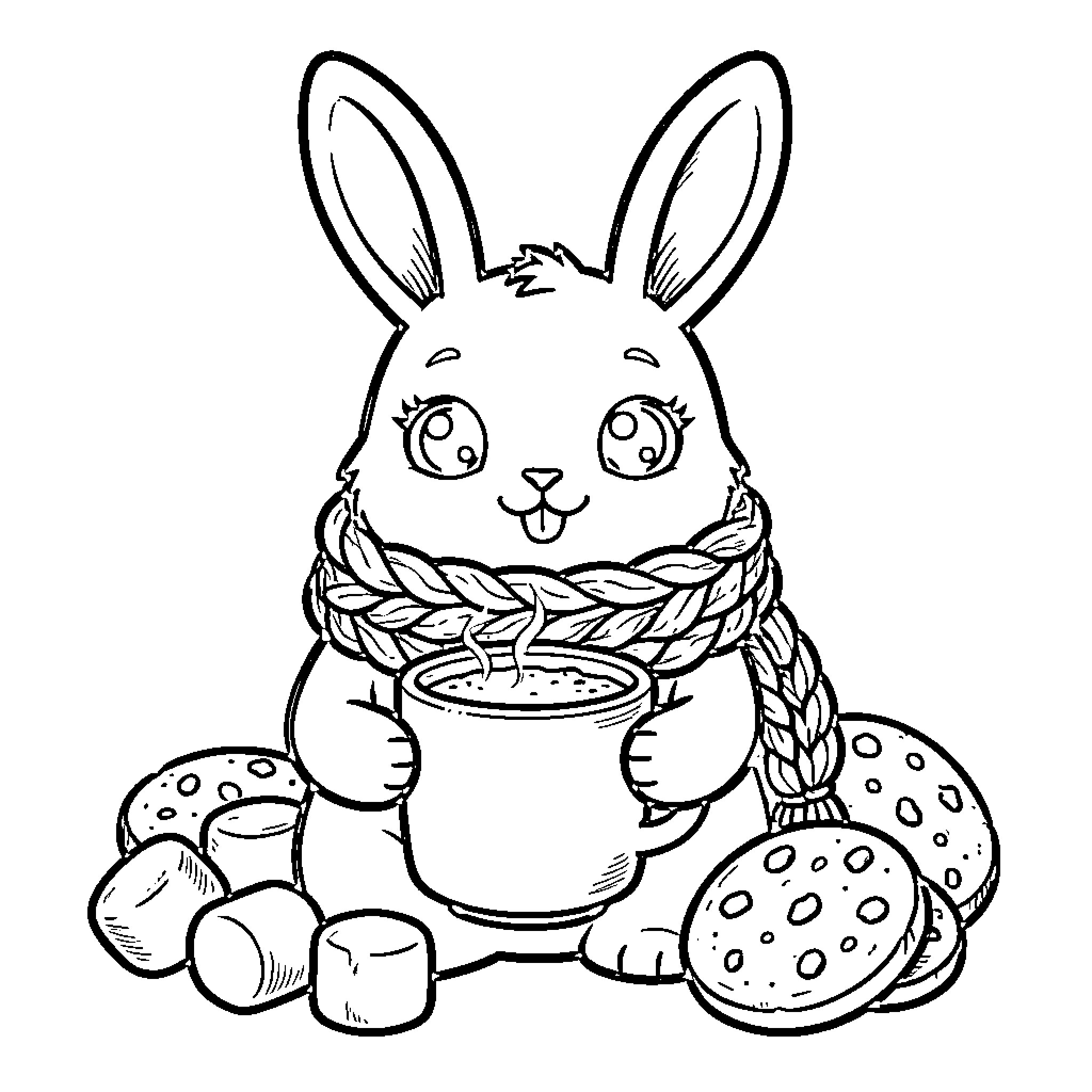 Bunny enjoying a cozy winter snack Coloring Page (free black-and-white line drawing printable PDF for all, from beginners to advanced learners, including children, teens, adults, and seniors)