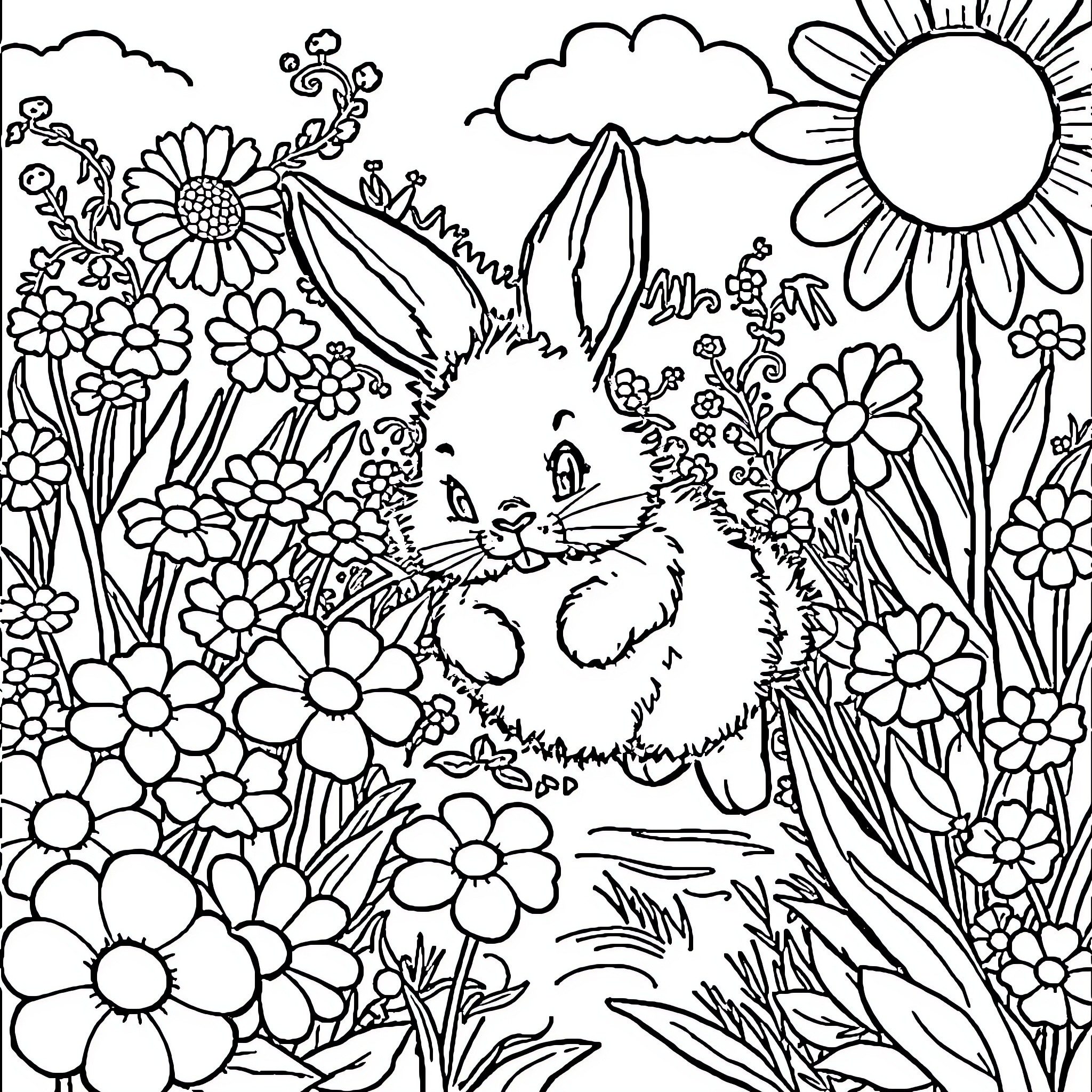Bunny Hiding in Flower Garden Coloring Page (free black-and-white line drawing printable PDF for all, from beginners to advanced learners, including children, teens, adults, and seniors)