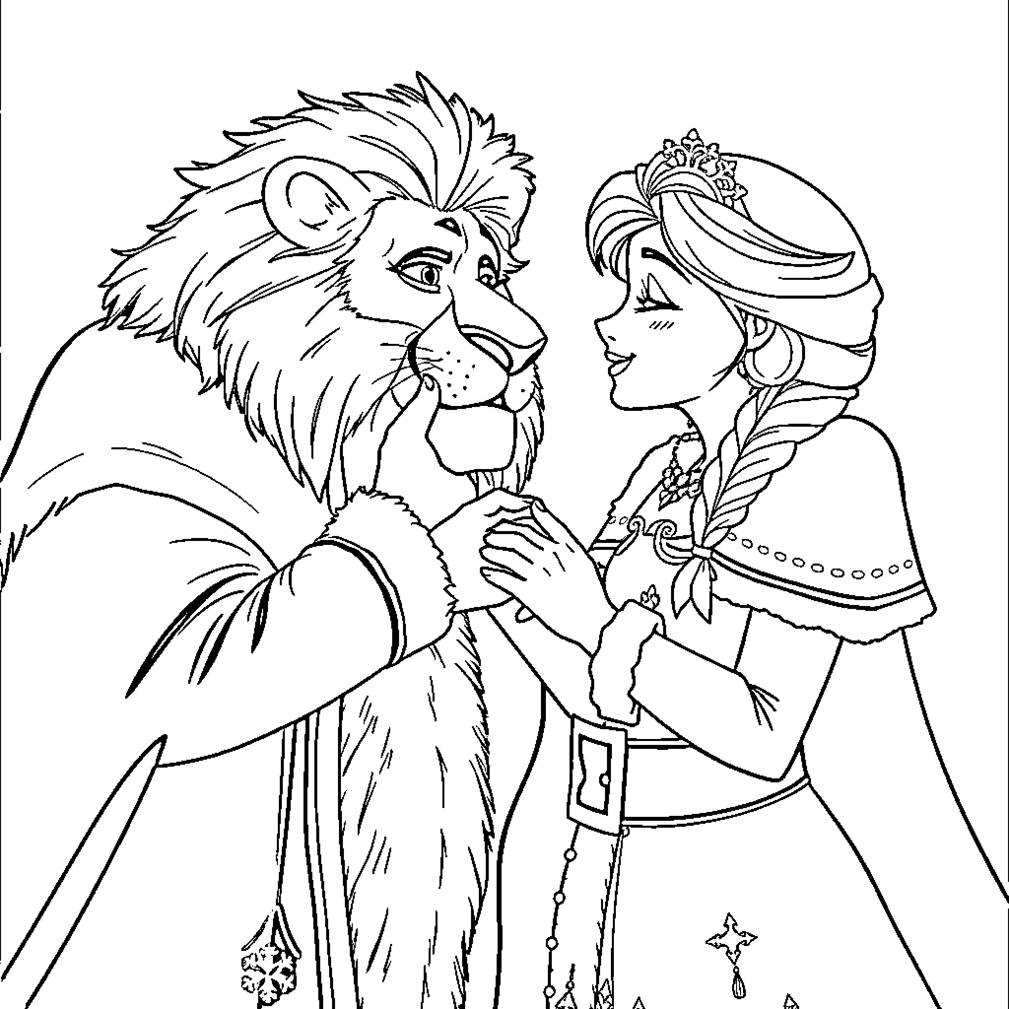 Queen's Encounter with a Majestic Lion Coloring Page (free black-and-white line drawing printable PDF for all, from beginners to advanced learners, including children, teens, adults, and seniors)