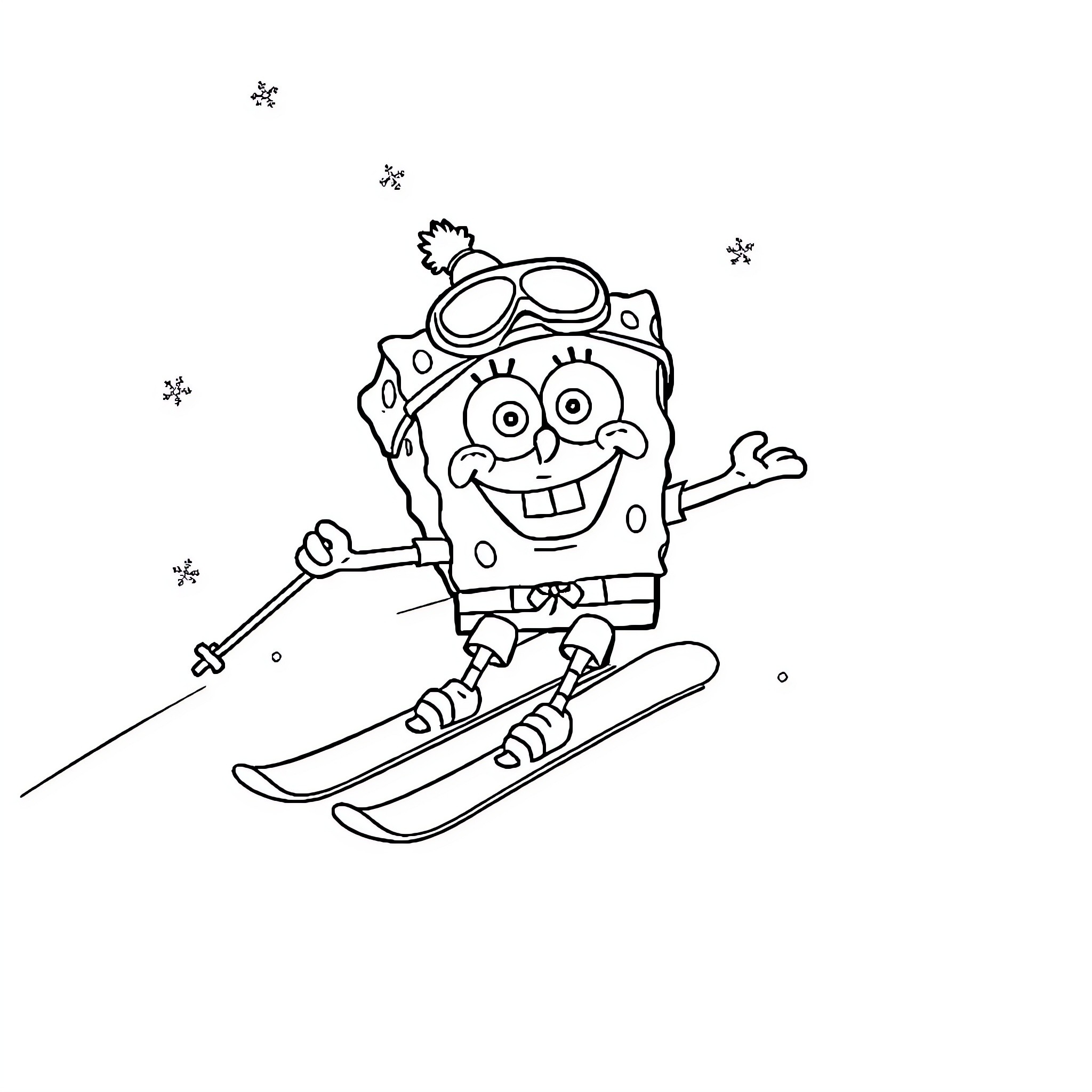 Spongebob skiing excitedly on the slopes Coloring Page (free black-and-white line drawing printable PDF for all, from beginners to advanced learners, including children, teens, adults, and seniors)
