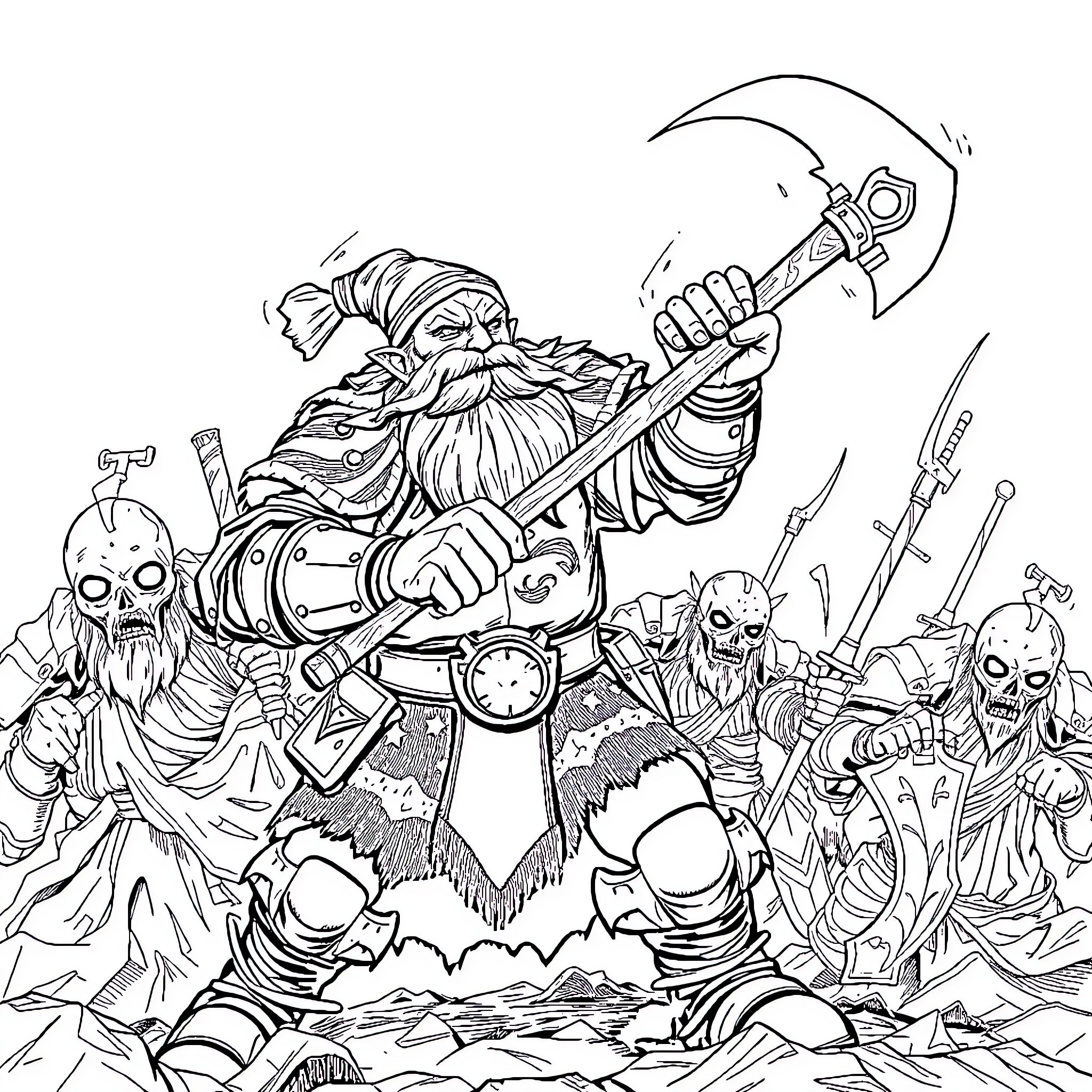 Dwarf warrior leading an army of monsters Coloring Page (free black-and-white line drawing printable PDF for all, from beginners to advanced learners, including children, teens, adults, and seniors)