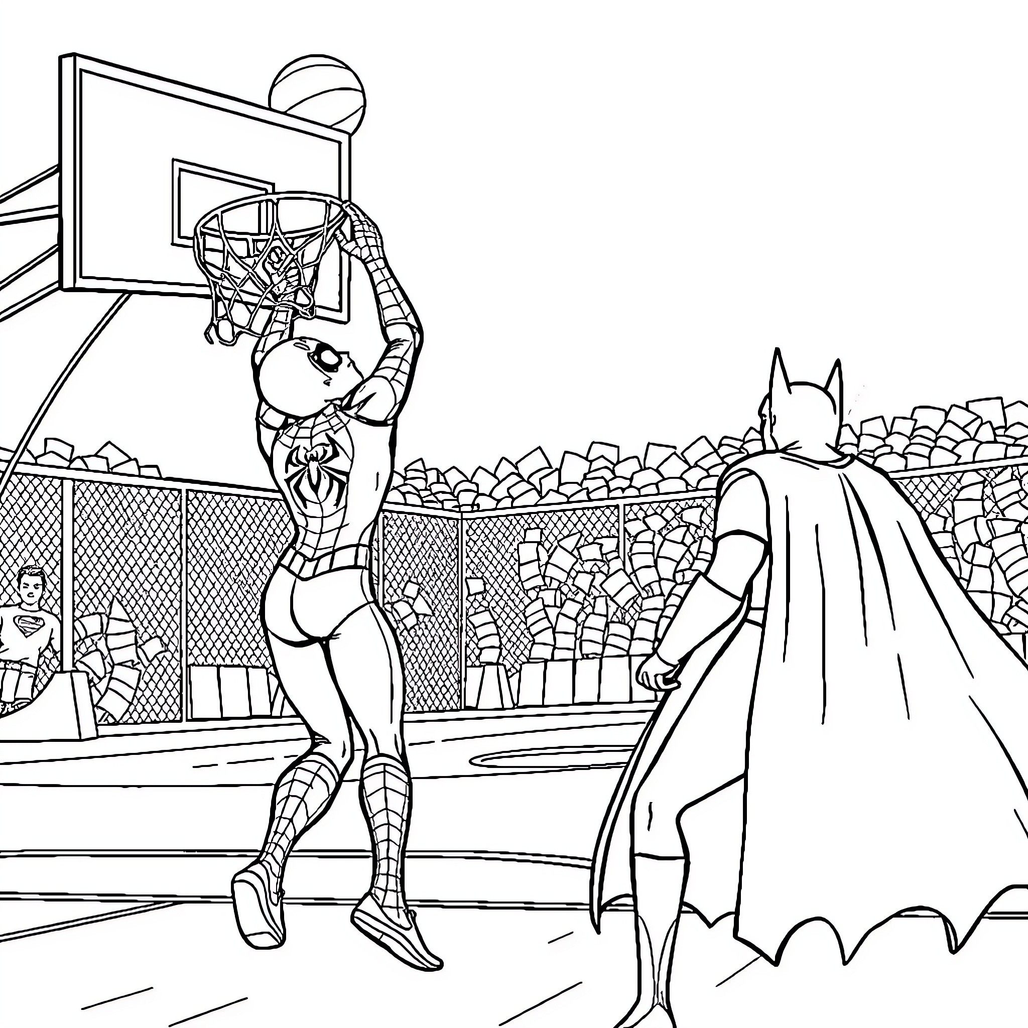 Spiderman playing basketball with Batman Coloring Page (free black-and-white line drawing printable PDF for all, from beginners to advanced learners, including children, teens, adults, and seniors)