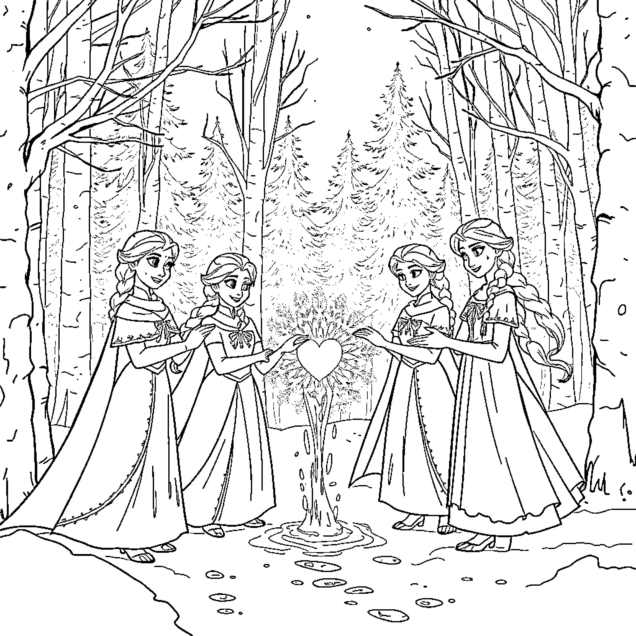 Elsa and friends in a magical winter forest Coloring Page (free black-and-white line drawing printable PDF for all, from beginners to advanced learners, including children, teens, adults, and seniors)