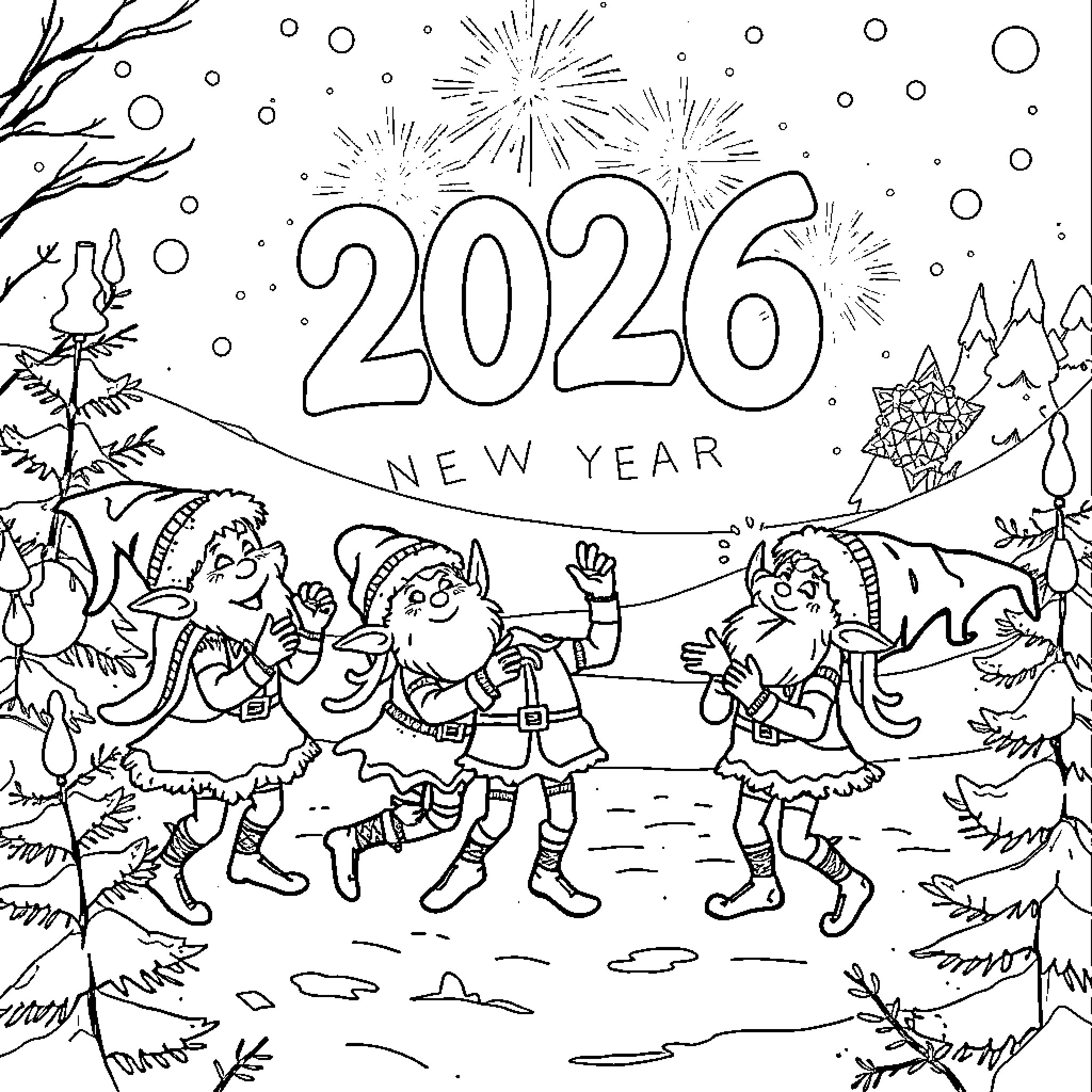 Elf friends celebrating the New Year with fireworks Coloring Page (free black-and-white line drawing printable PDF for all, from beginners to advanced learners, including children, teens, adults, and seniors)