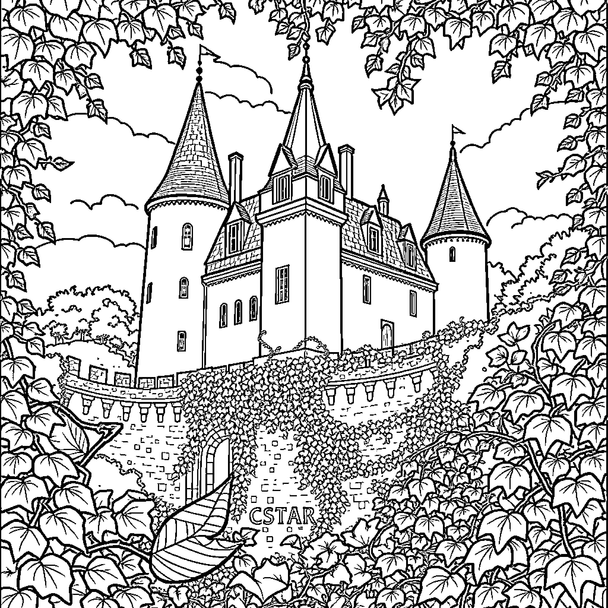 Castle surrounded by lush foliage and decorative flags Coloring Page (free black-and-white line drawing printable PDF for all, from beginners to advanced learners, including children, teens, adults, and seniors)