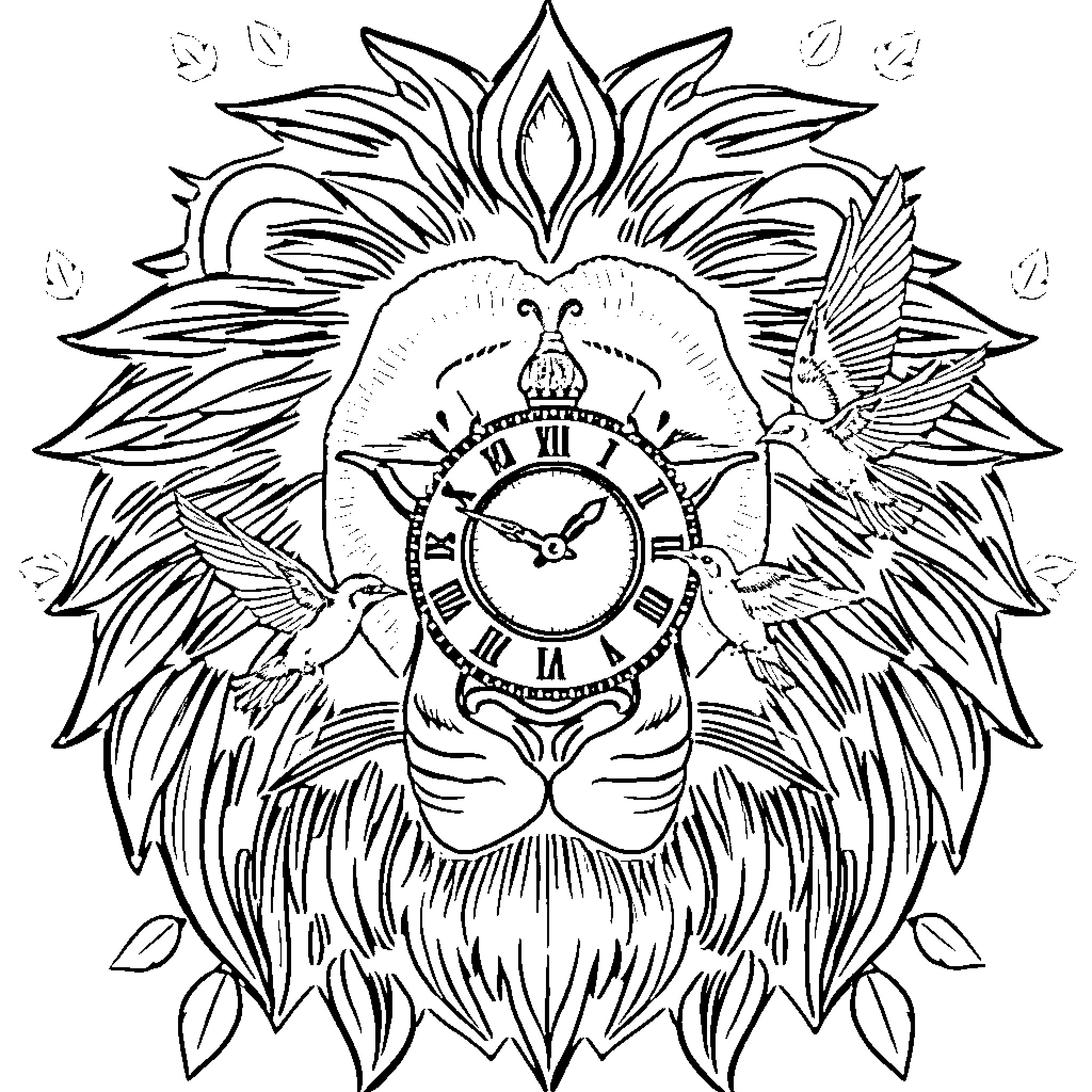 Lion with a Celestial Clock Face Coloring Page (free black-and-white line drawing printable PDF for all, from beginners to advanced learners, including children, teens, adults, and seniors)