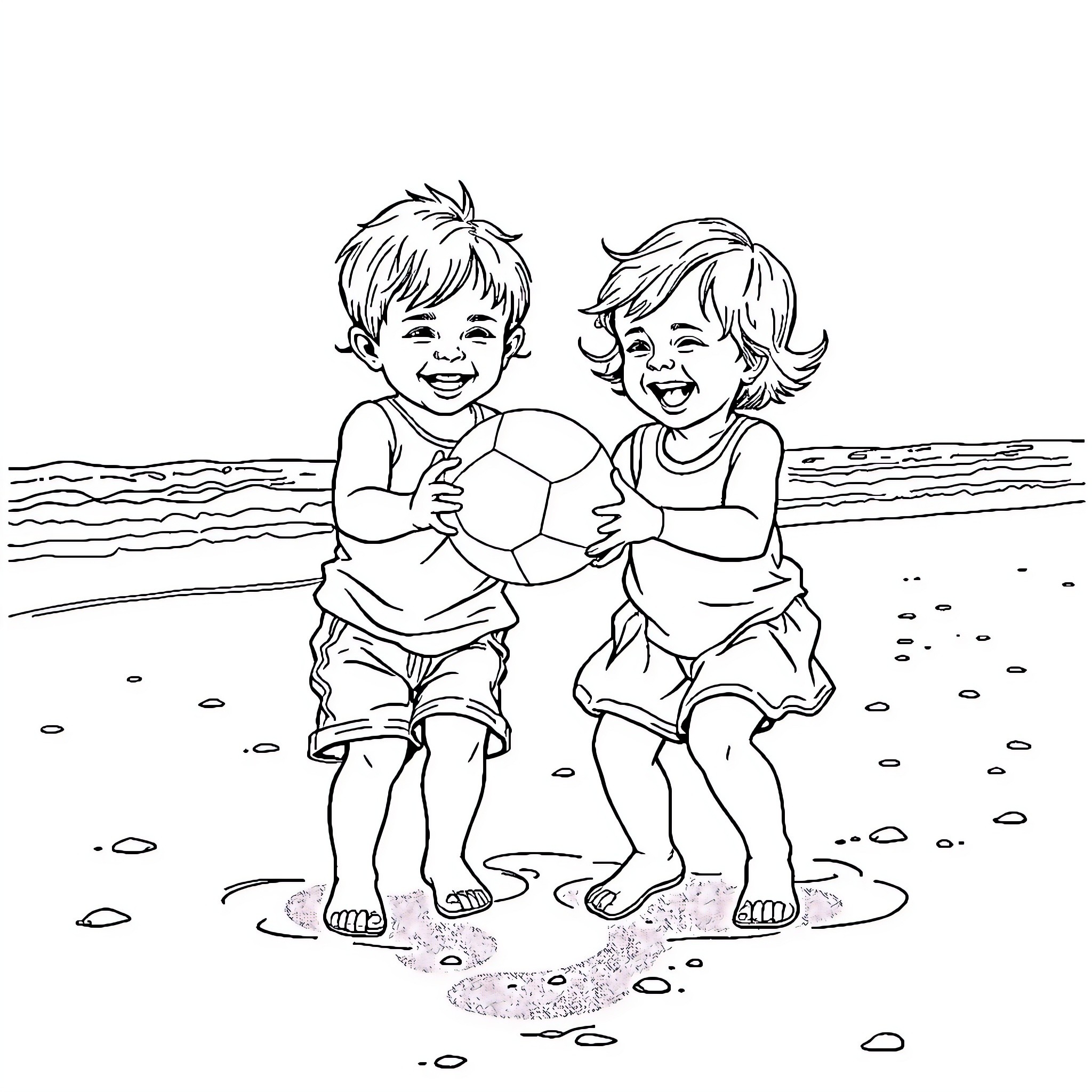 Toddlers playing joyfully with a soccer ball at the beach Coloring Page (free black-and-white line drawing printable PDF for all, from beginners to advanced learners, including children, teens, adults, and seniors)