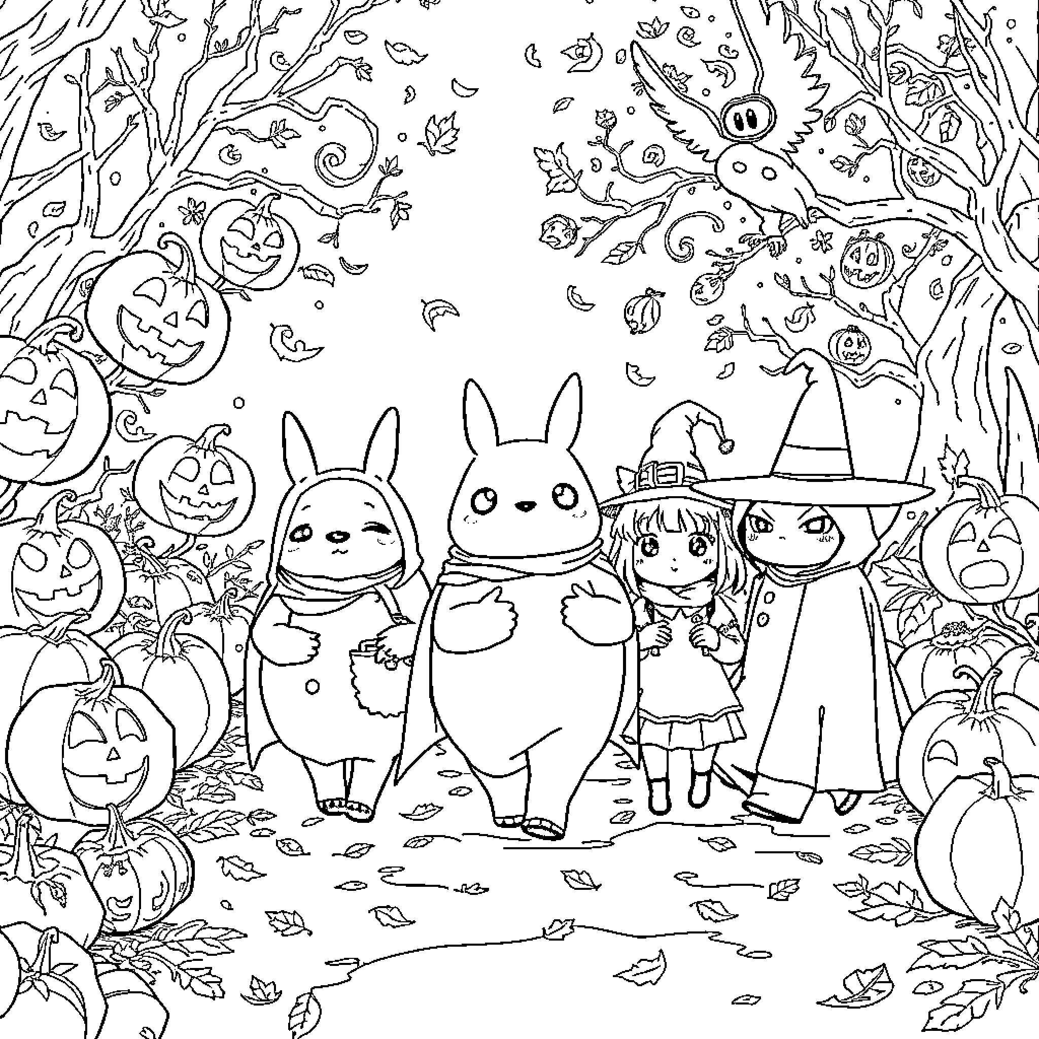 Studio Ghibli Characters Celebrating Halloween Together Coloring Page (free black-and-white line drawing printable PDF for all, from beginners to advanced learners, including children, teens, adults, and seniors)