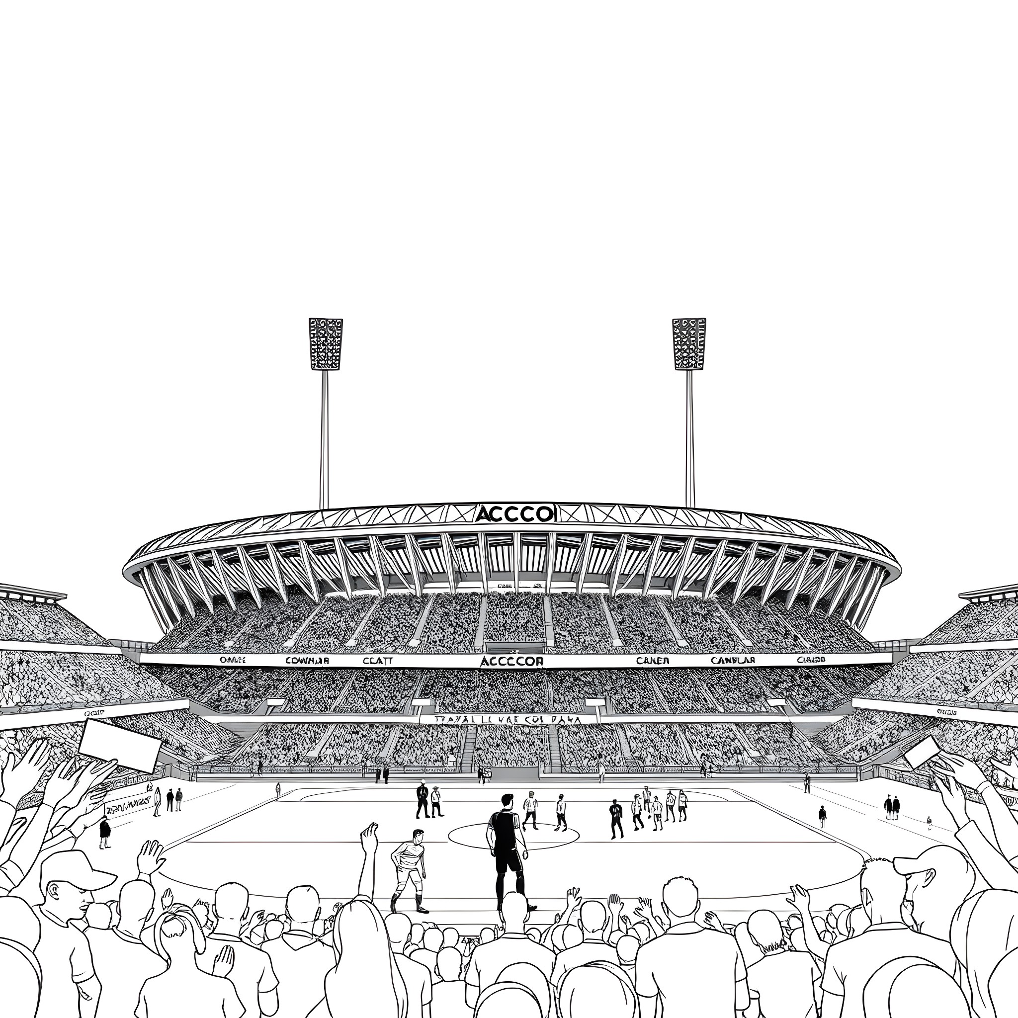 Accor Stadium: Crowd Gathering for a Sporting Event Coloring Page (free black-and-white line drawing printable PDF for all, from beginners to advanced learners, including children, teens, adults, and seniors)