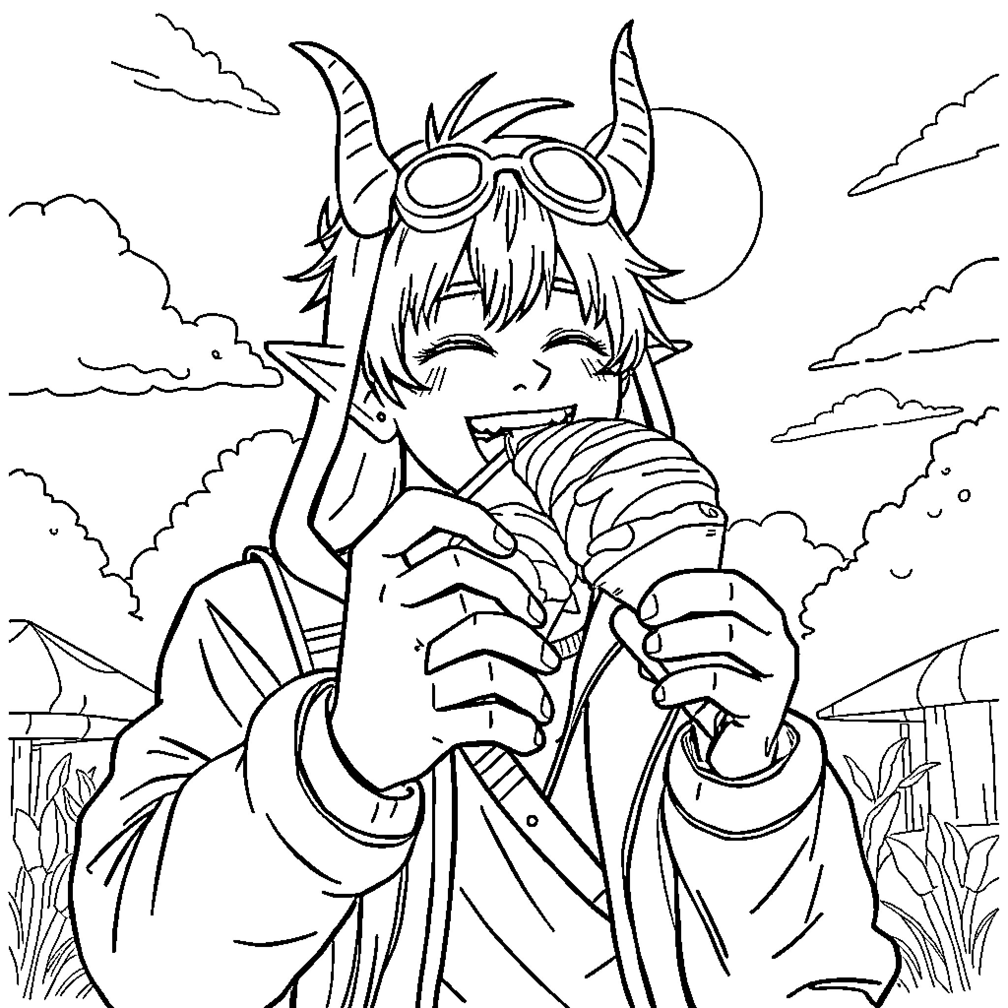 Rumi's Playful Escapade in the Enchanted Landscape Coloring Page (free black-and-white line drawing printable PDF for all, from beginners to advanced learners, including children, teens, adults, and seniors)