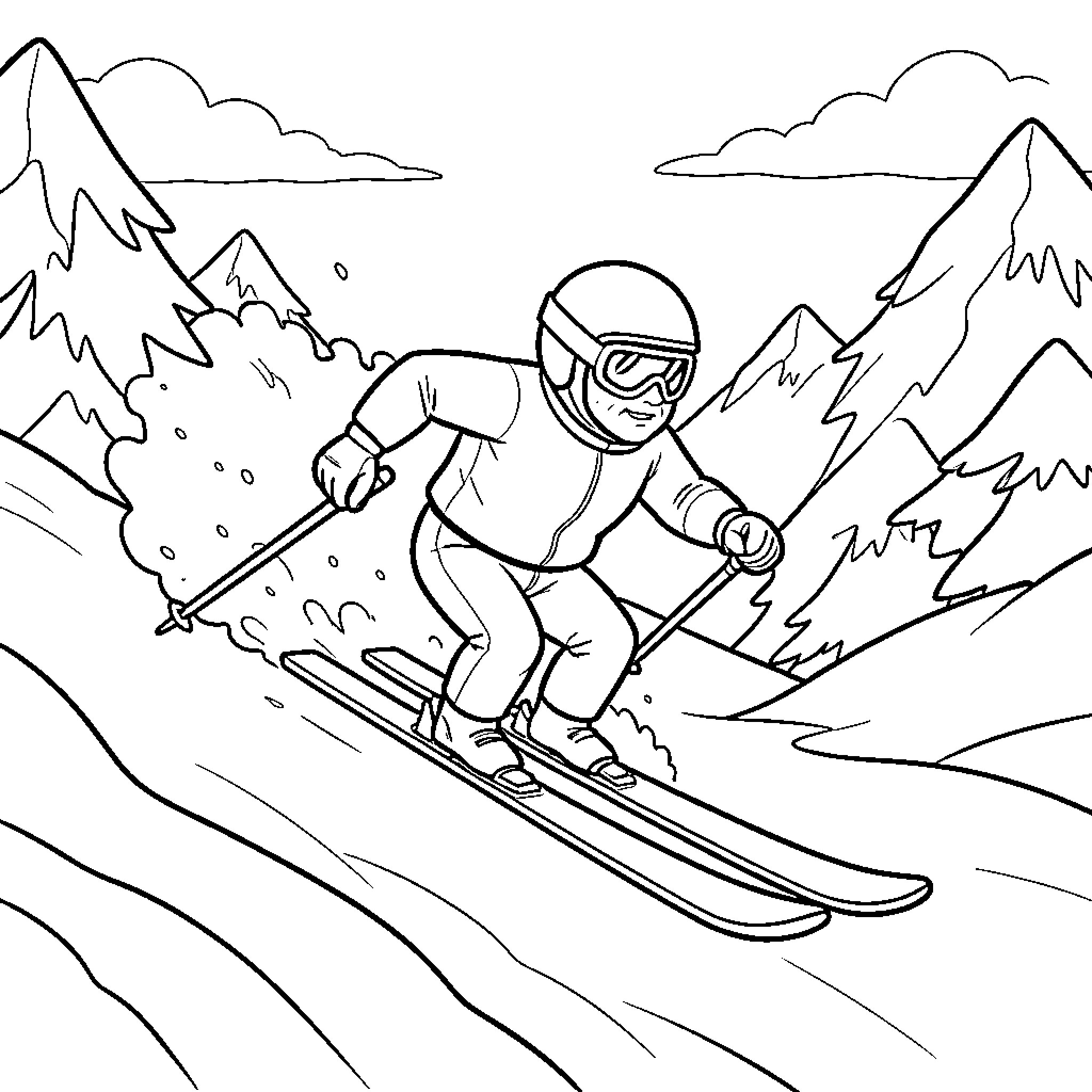 Buzz Lightyear skiing down a snowy mountain slope Coloring Page (free black-and-white line drawing printable PDF for all, from beginners to advanced learners, including children, teens, adults, and seniors)