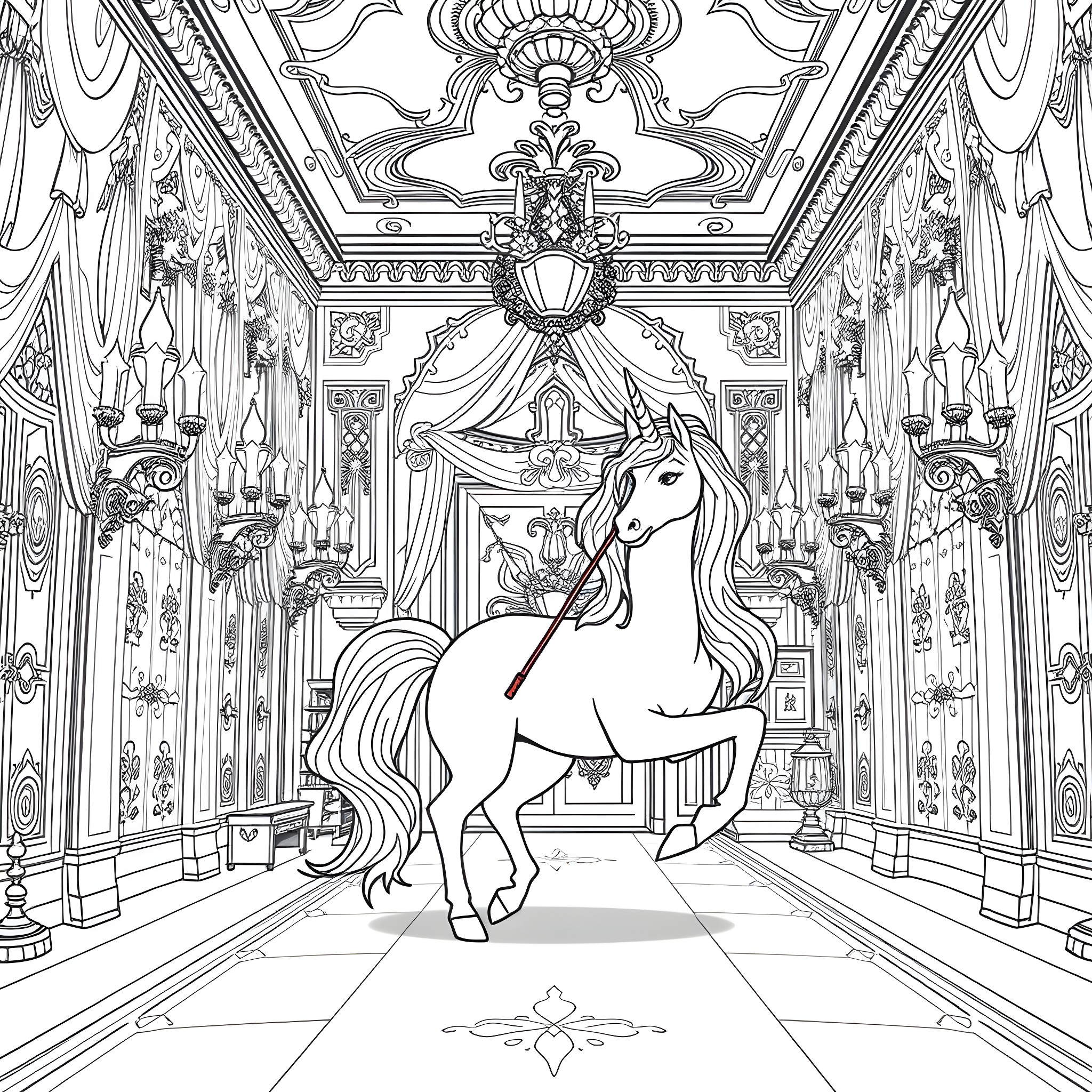 Unicorn standing majestically in a grand palace hall Coloring Page (free black-and-white line drawing printable PDF for all, from beginners to advanced learners, including children, teens, adults, and seniors)
