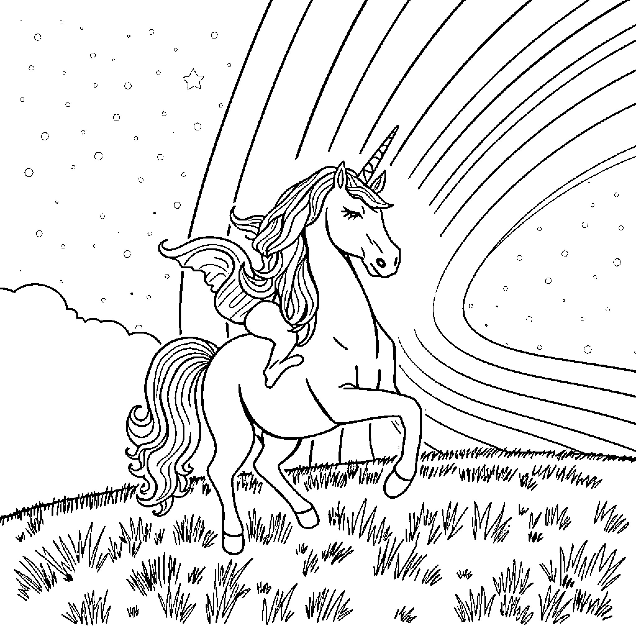 Unicorn galloping under the starry sky Coloring Page (free black-and-white line drawing printable PDF for all, from beginners to advanced learners, including children, teens, adults, and seniors)