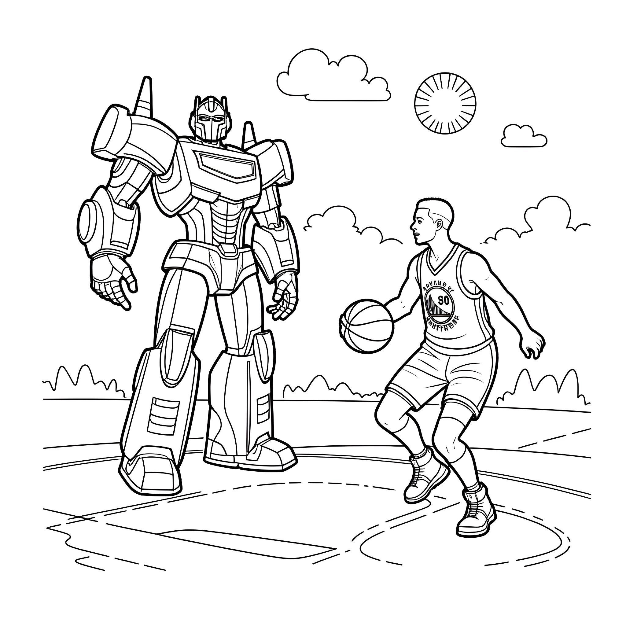 Optimus Prime and Basketball Player on the Court Coloring Page (free black-and-white line drawing printable PDF for all, from beginners to advanced learners, including children, teens, adults, and seniors)