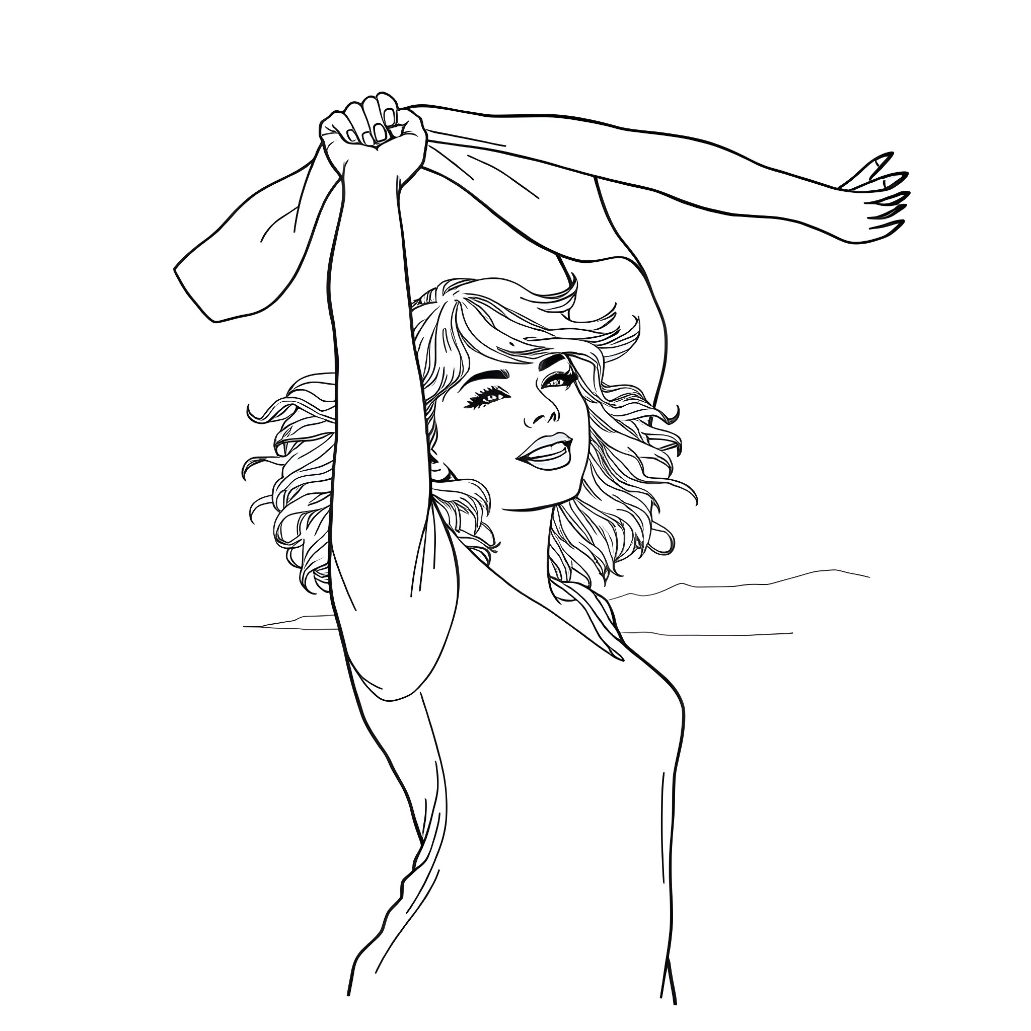 Taylor Swift dancing joyfully with flowing hair Coloring Page (free black-and-white line drawing printable PDF for all, from beginners to advanced learners, including children, teens, adults, and seniors)