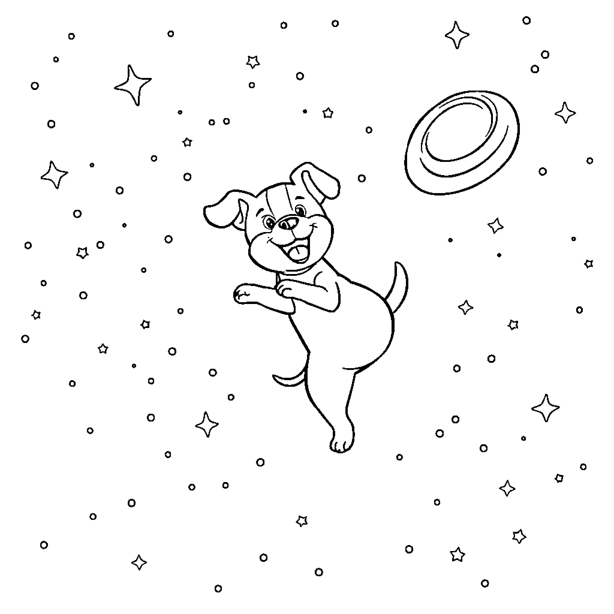 Dog playing joyfully among the stars Coloring Page (free black-and-white line drawing printable PDF for all, from beginners to advanced learners, including children, teens, adults, and seniors)