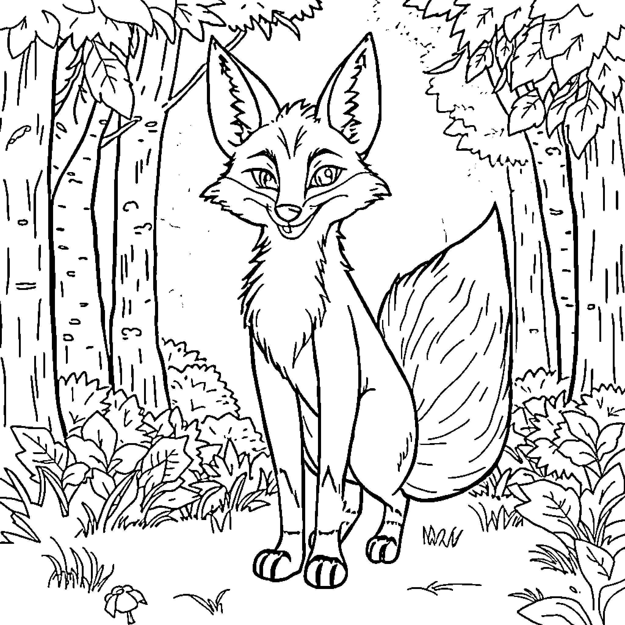 Fox exploring the forest adventure Coloring Page (free black-and-white line drawing printable PDF for all, from beginners to advanced learners, including children, teens, adults, and seniors)