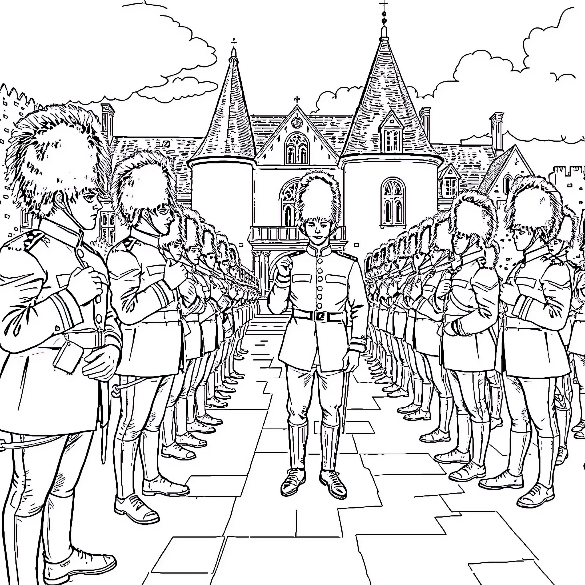 Firefighters standing in formation in front of a historic building Coloring Page (free black-and-white line drawing printable PDF for all, from beginners to advanced learners, including children, teens, adults, and seniors)