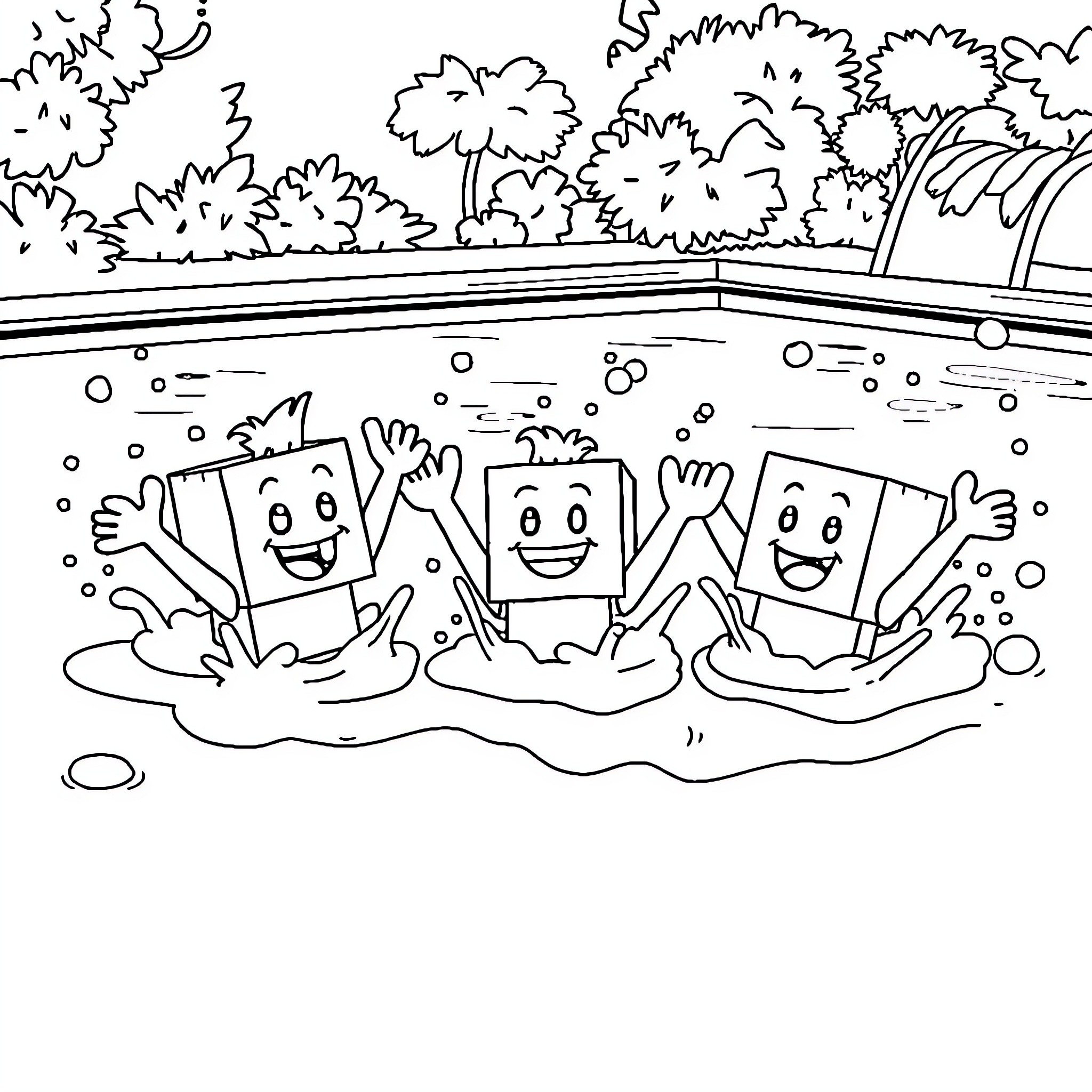 Numberblocks playing joyfully in the water Coloring Page (free black-and-white line drawing printable PDF for all, from beginners to advanced learners, including children, teens, adults, and seniors)