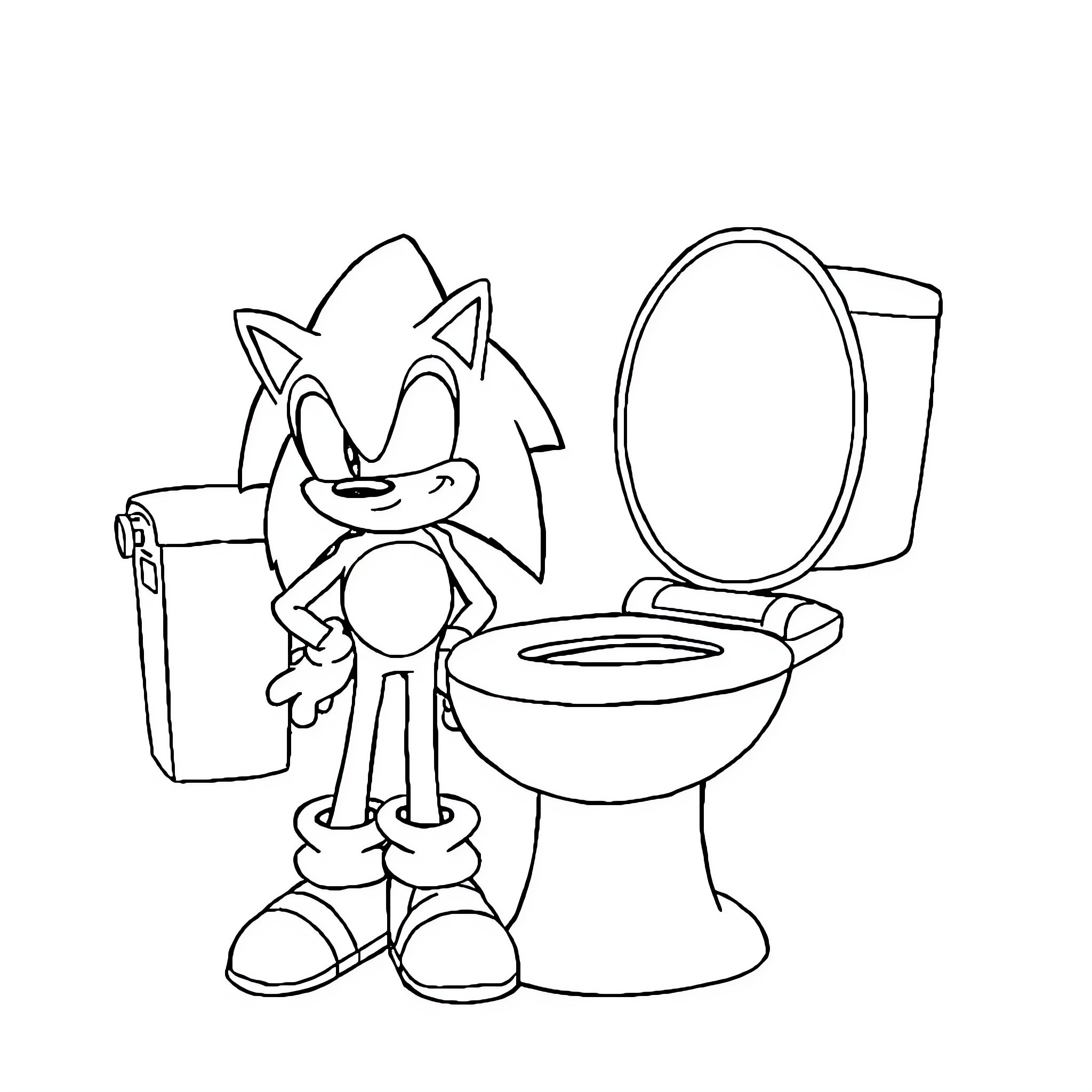 Skibidi Toilet Antics: Sonic Unleashed in the Restroom Coloring Page (free black-and-white line drawing printable PDF for all, from beginners to advanced learners, including children, teens, adults, and seniors)