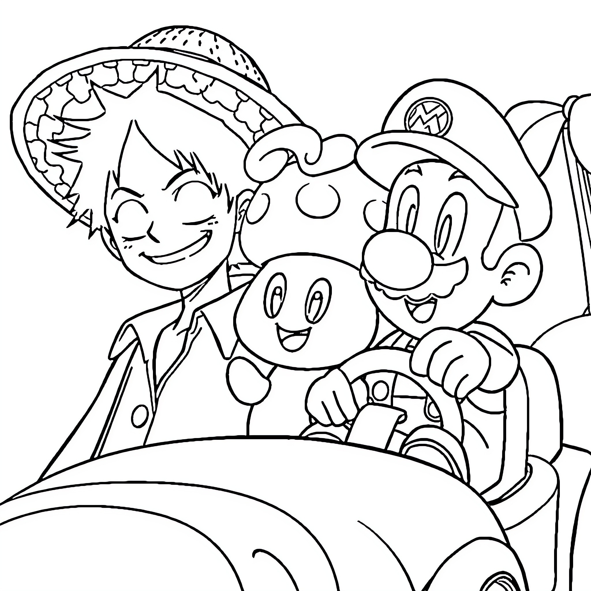 Luffy and Friends on an Adventure Coloring Page (free black-and-white line drawing printable PDF for all, from beginners to advanced learners, including children, teens, adults, and seniors)