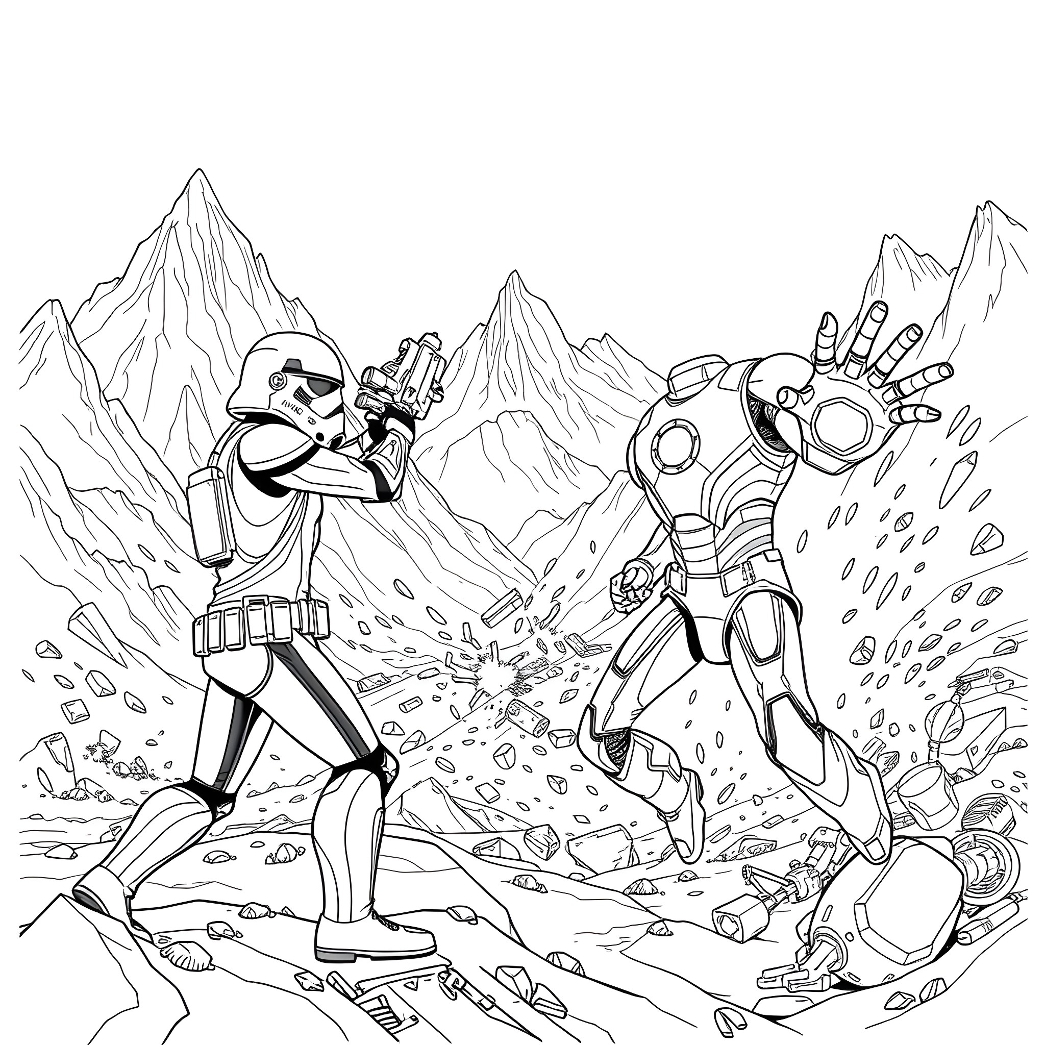 Stormtroopers engaged in combat on a rocky terrain Coloring Page (free black-and-white line drawing printable PDF for all, from beginners to advanced learners, including children, teens, adults, and seniors)